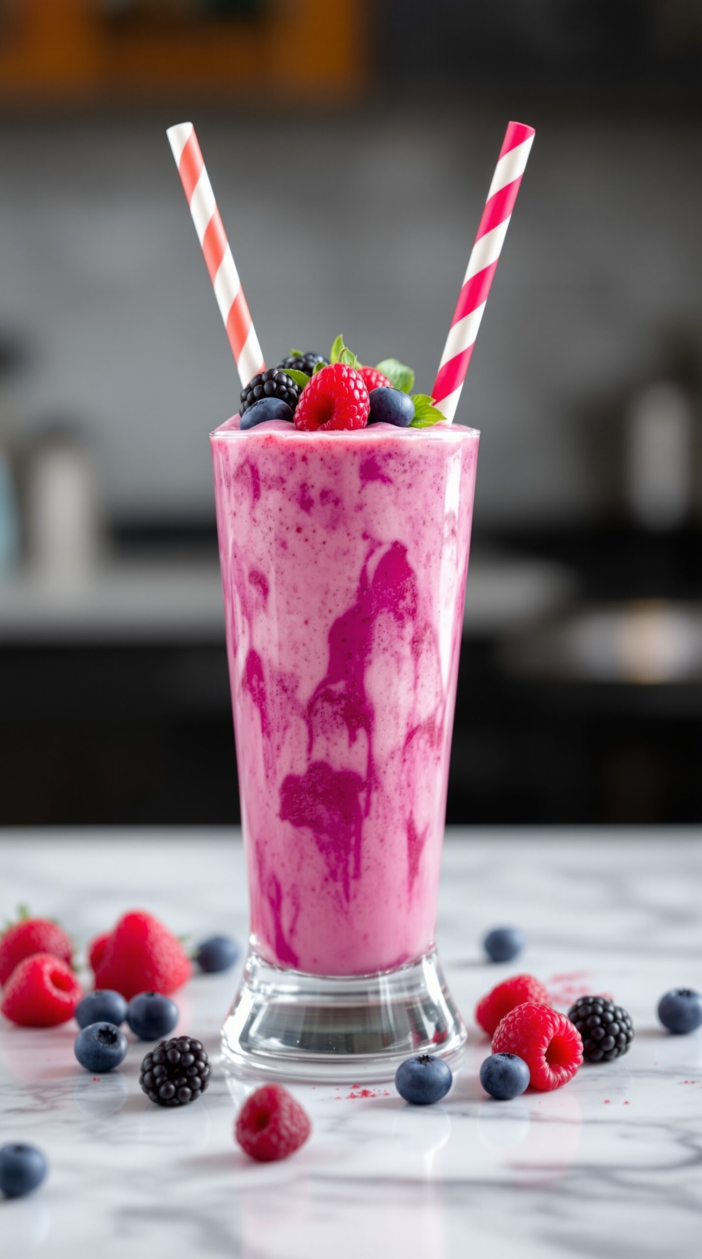 A tall glass of Berry Blast Smoothie topped with fresh berries and mint, served with striped straws.