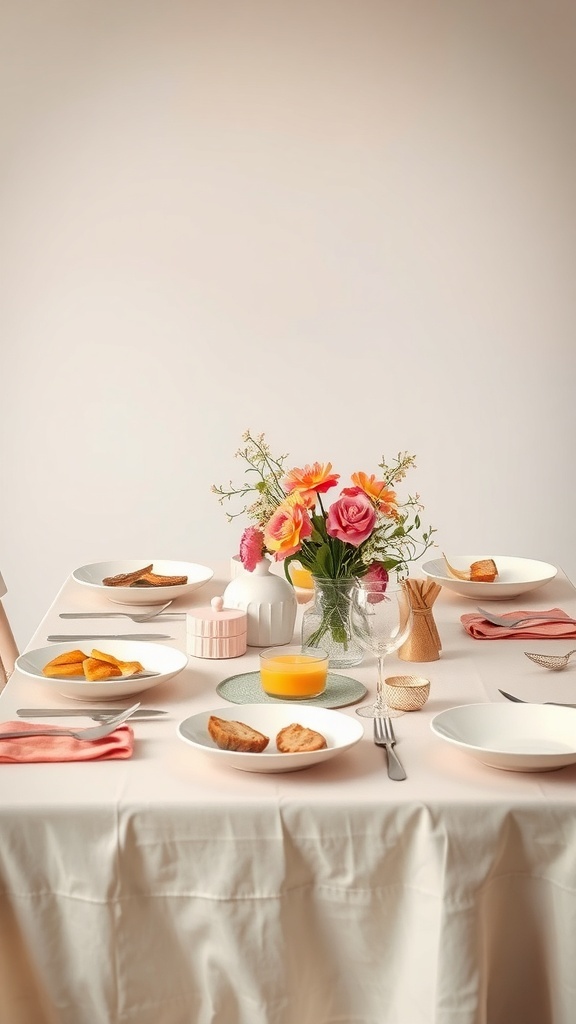 A pastel-themed brunch table with plates of food, fresh flowers, and a cozy atmosphere.