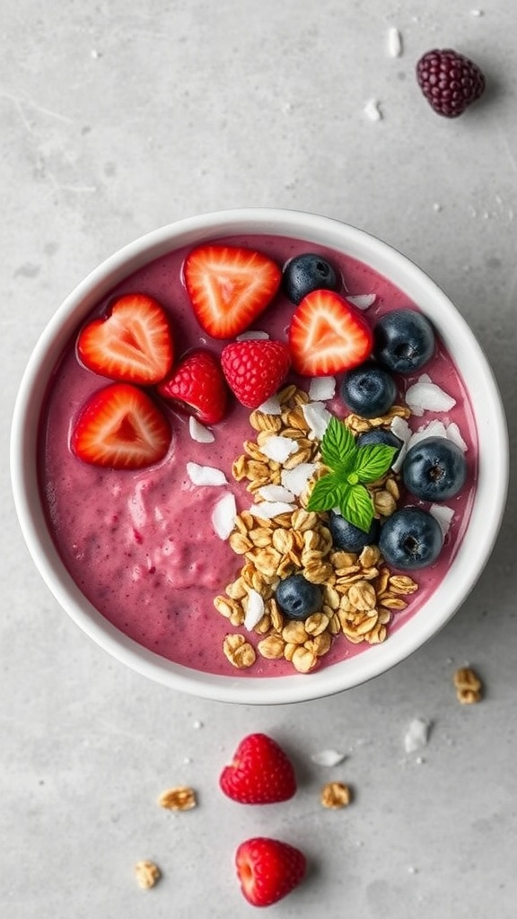 A colorful berry smoothie bowl topped with granola and fresh berries.