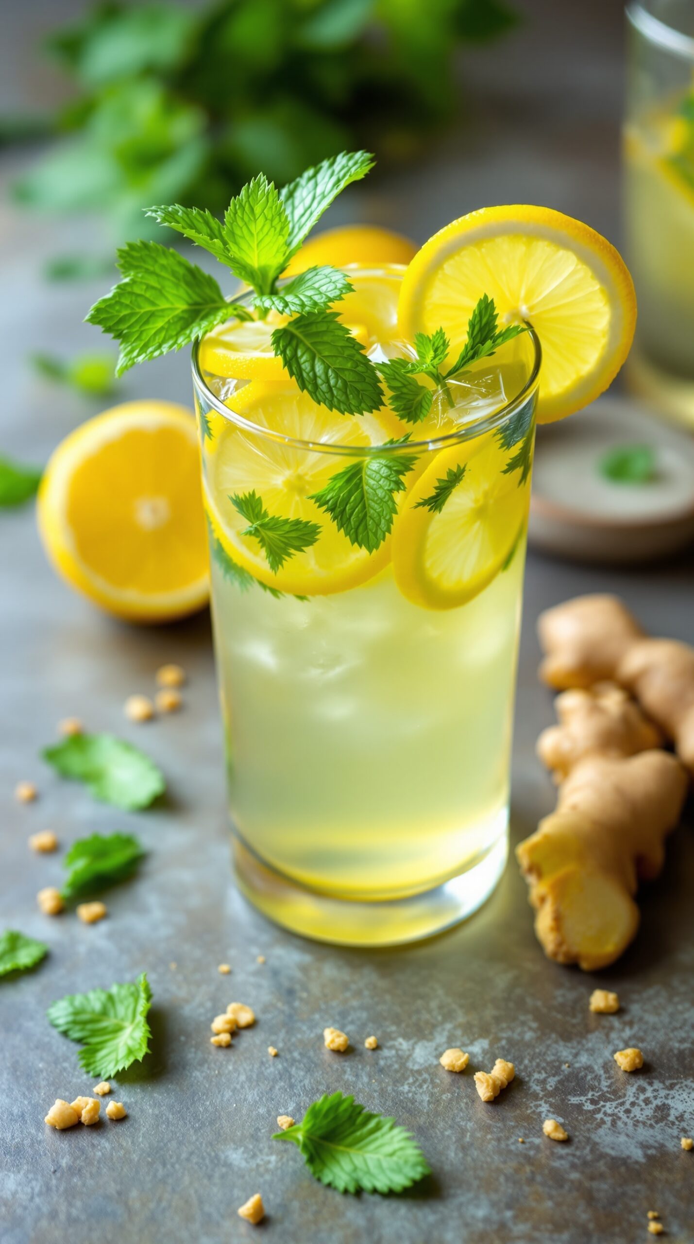 A refreshing glass of spicy ginger lemonade garnished with mint and lemon slices, with ginger root nearby.