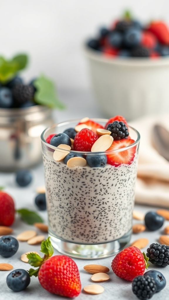 Chia seed pudding topped with strawberries, blueberries, blackberries, and almond slices.