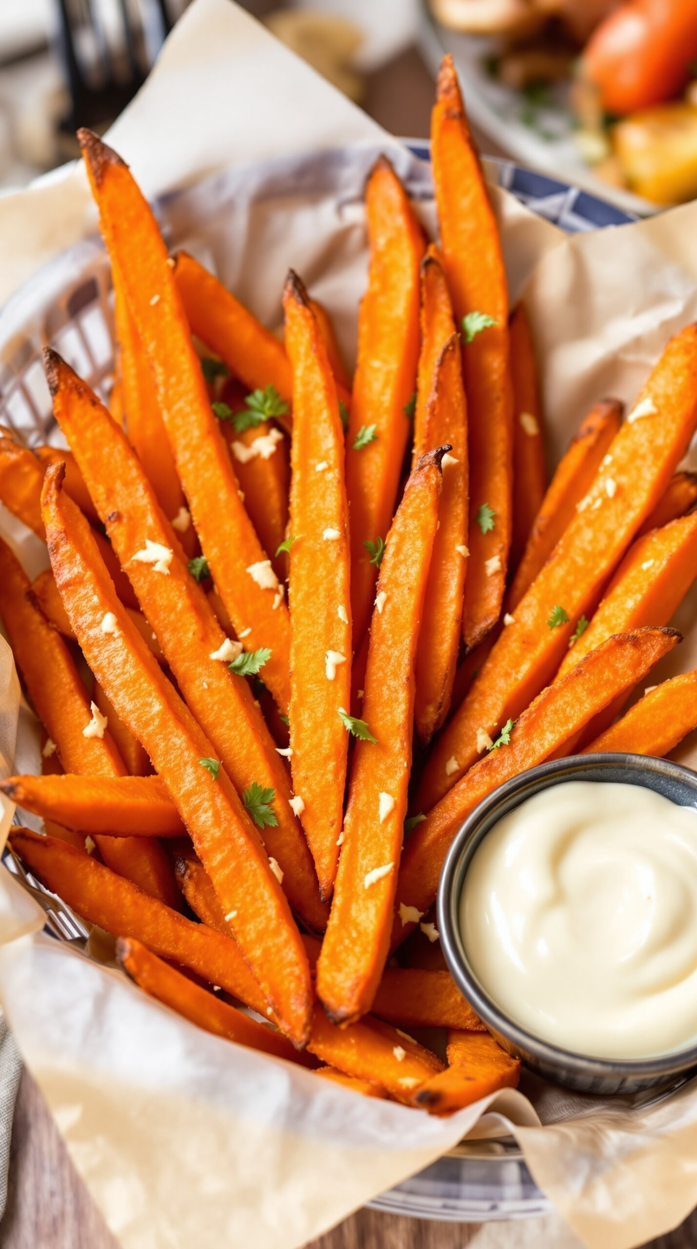 A basket of crispy sweet potato fries garnished with garlic and served with a creamy garlic aioli dip.