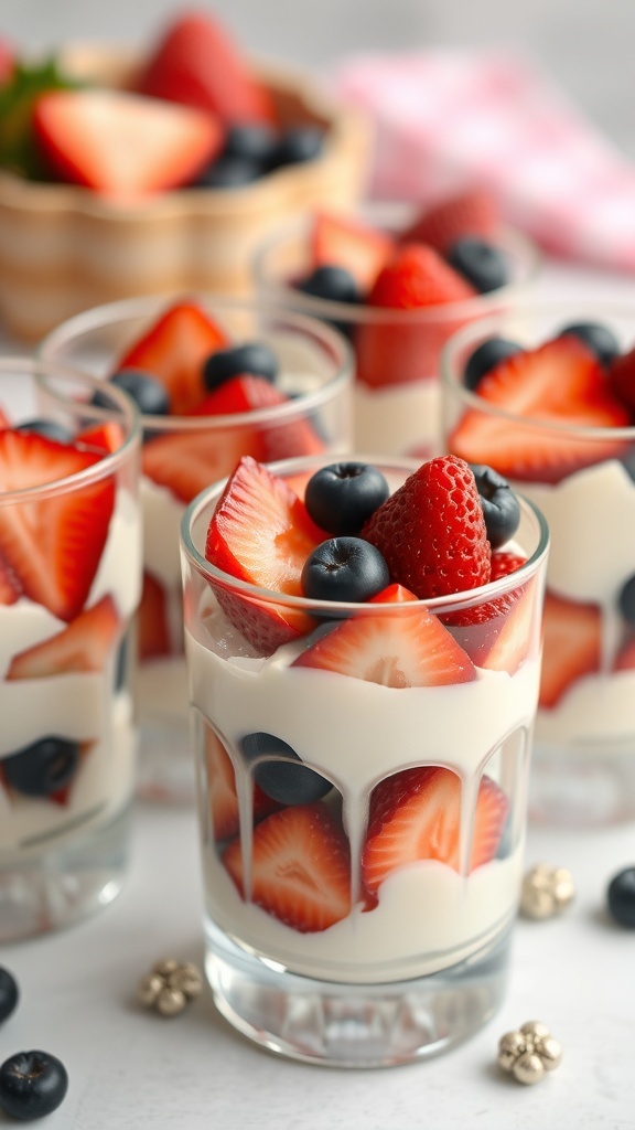 Layered parfaits in clear glasses with strawberries and blueberries
