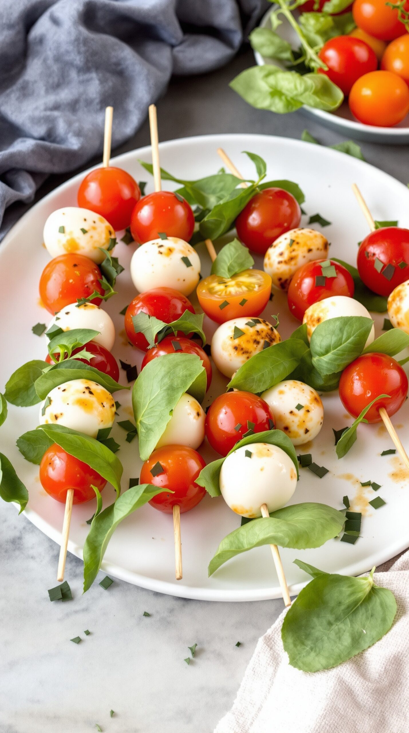 Mini Caprese skewers with cherry tomatoes, mozzarella balls, and basil leaves on a white plate.