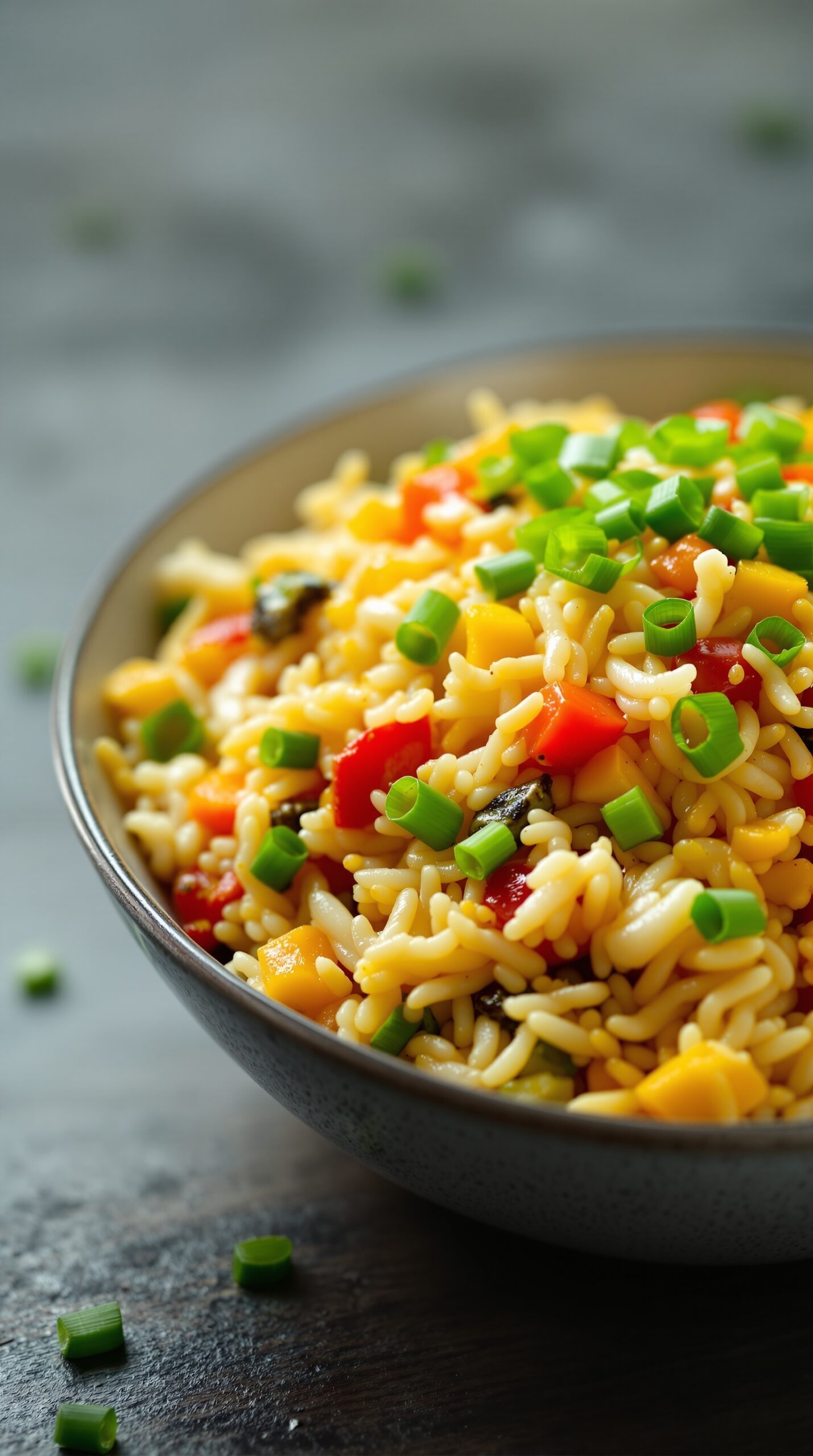 A bowl of colorful egg fried rice with vegetables and green onions on top.