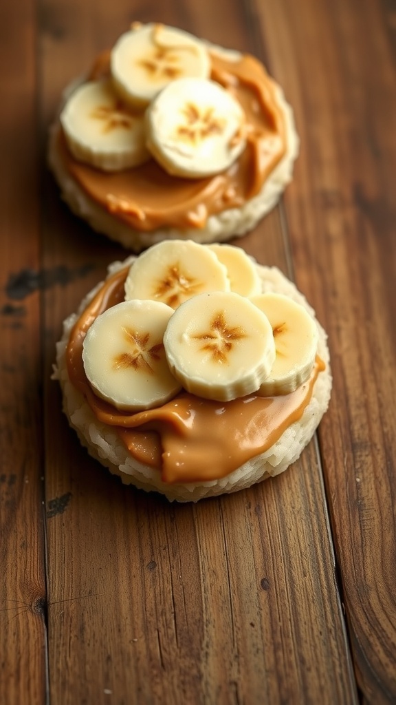 Rice cakes topped with peanut butter and banana slices on a wooden surface