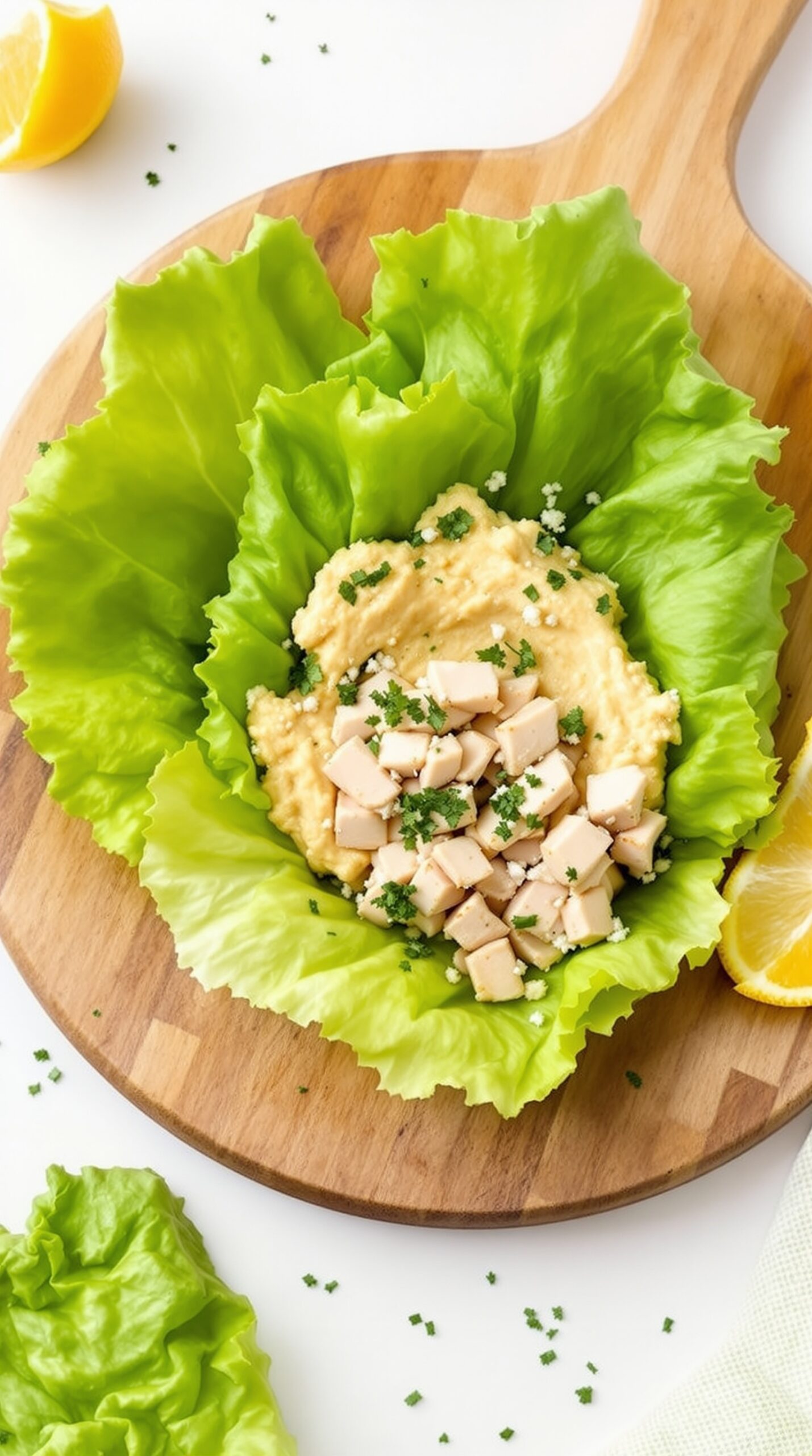 Turkey and hummus lettuce wraps on a wooden board