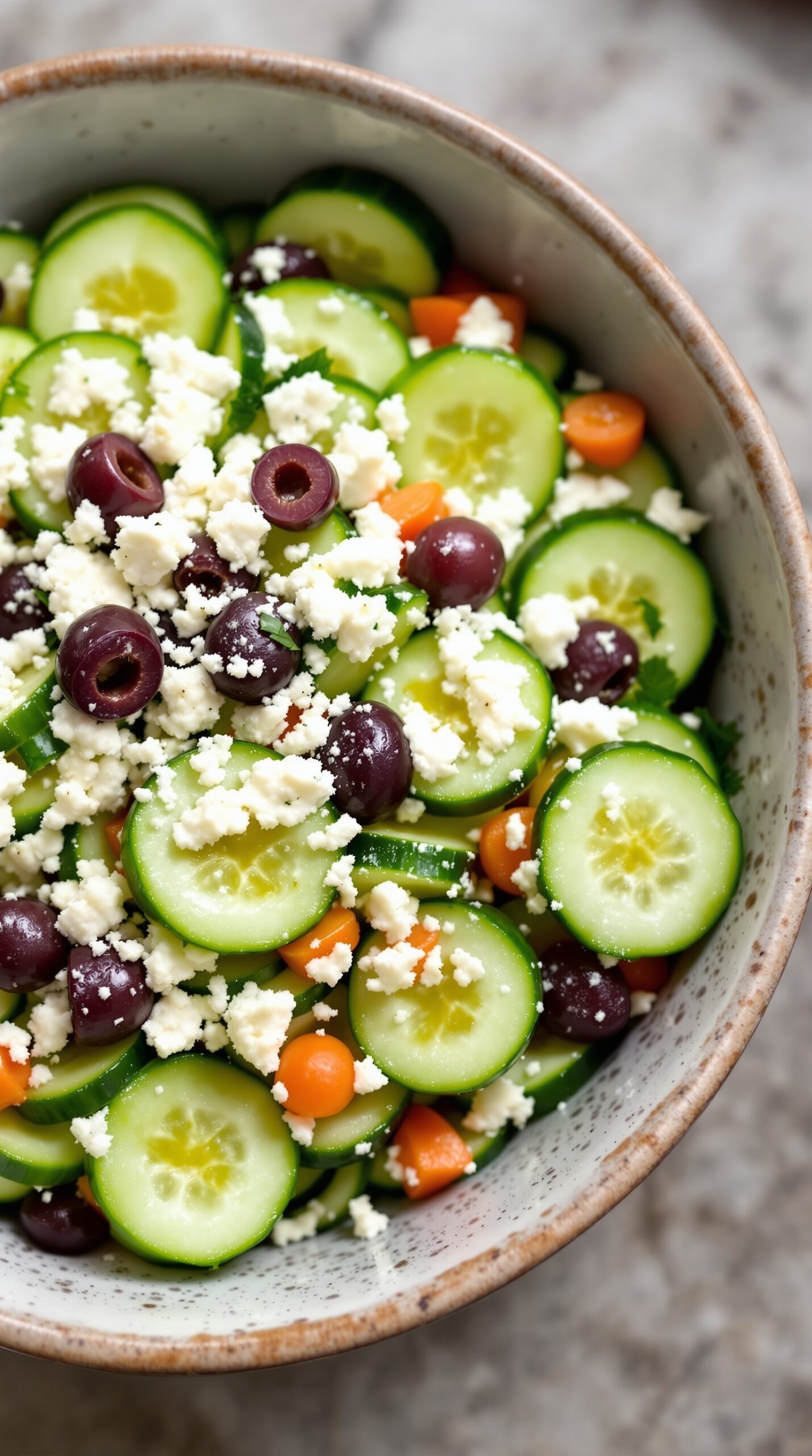 A bowl of cucumber salad with feta cheese and olives, showcasing vibrant colors and fresh ingredients.