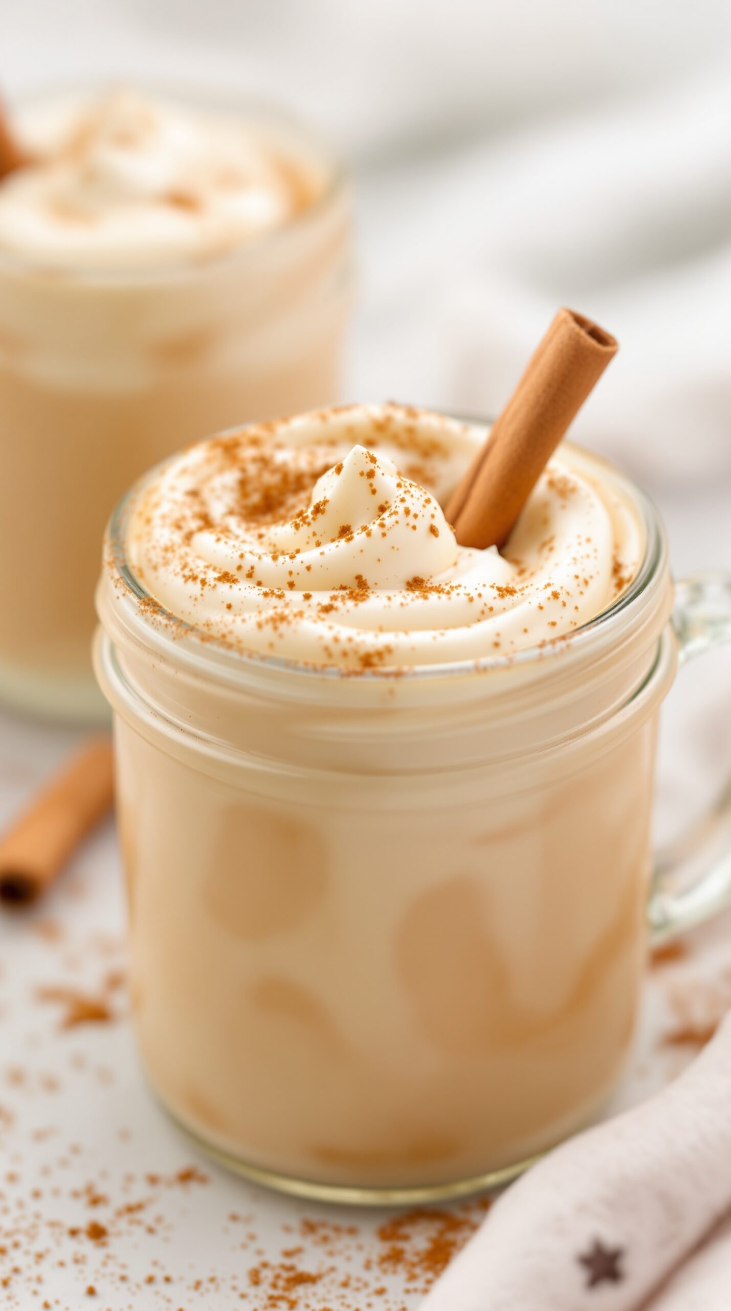 Chai Tea Latte Pudding in a jar topped with whipped cream and cinnamon