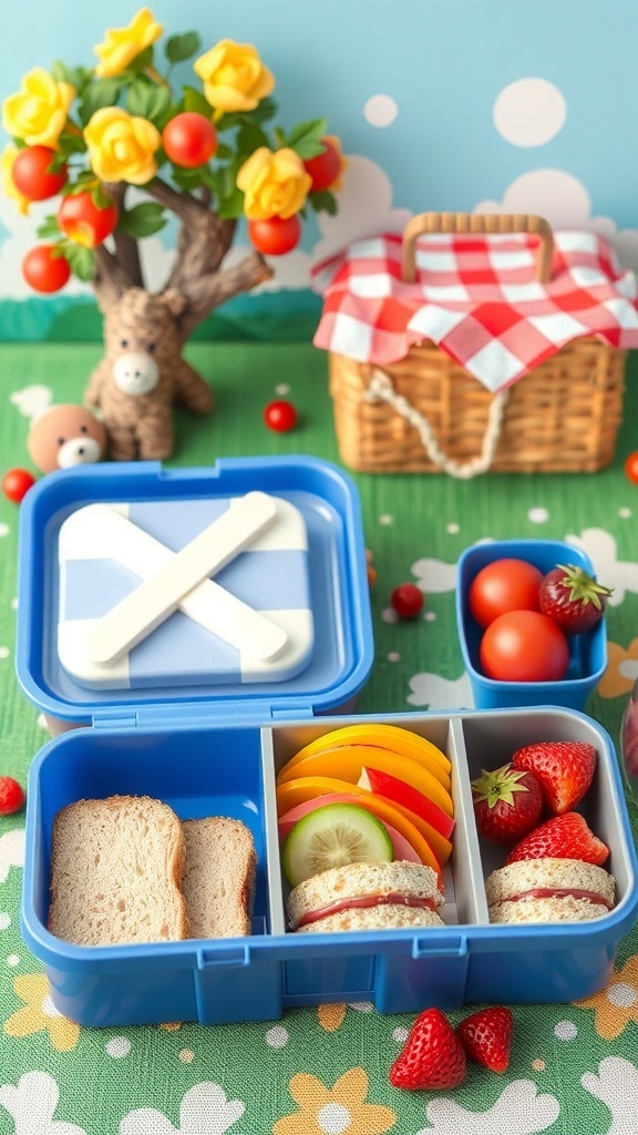 A colorful lunch box filled with sandwiches, sliced vegetables, and fresh fruits.