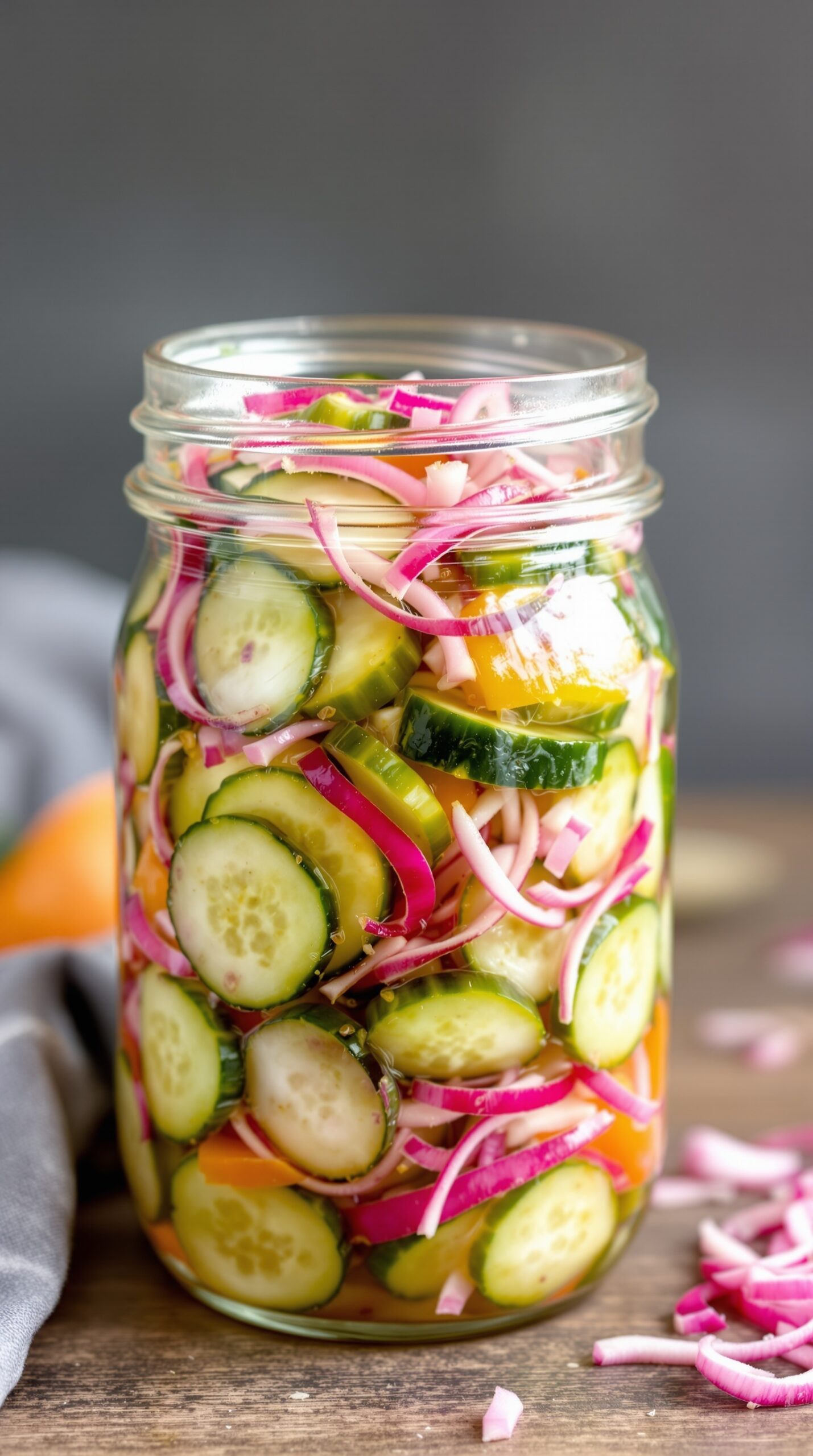 A jar filled with sliced cucumbers and red onions, pickled in a tangy solution.