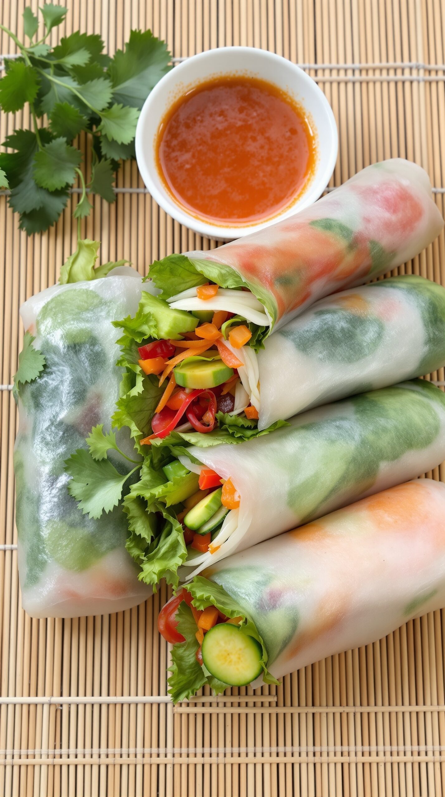 Crunchy vegetable spring rolls with a side of dipping sauce