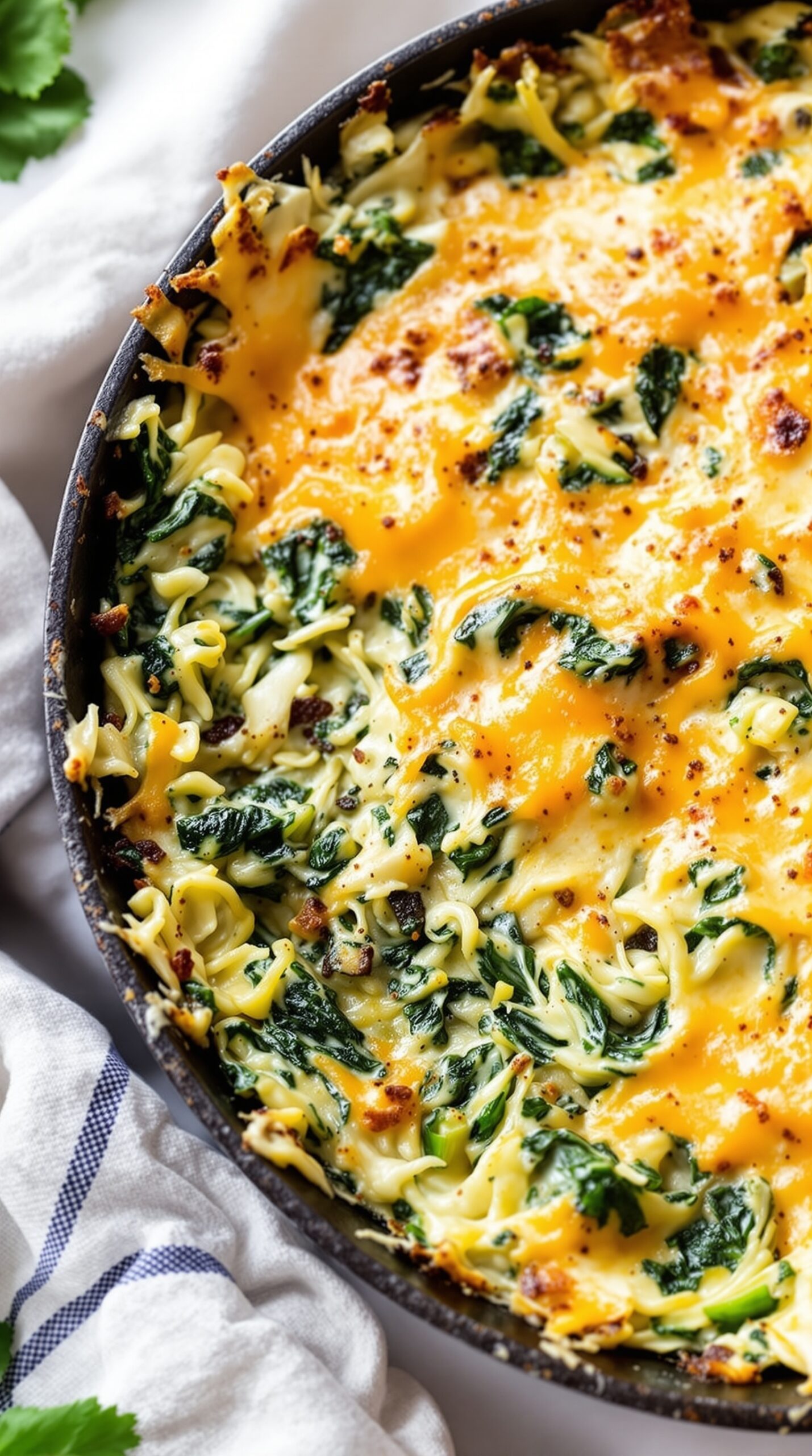 A creamy spinach and artichoke bake topped with melted cheese, served in a baking dish.