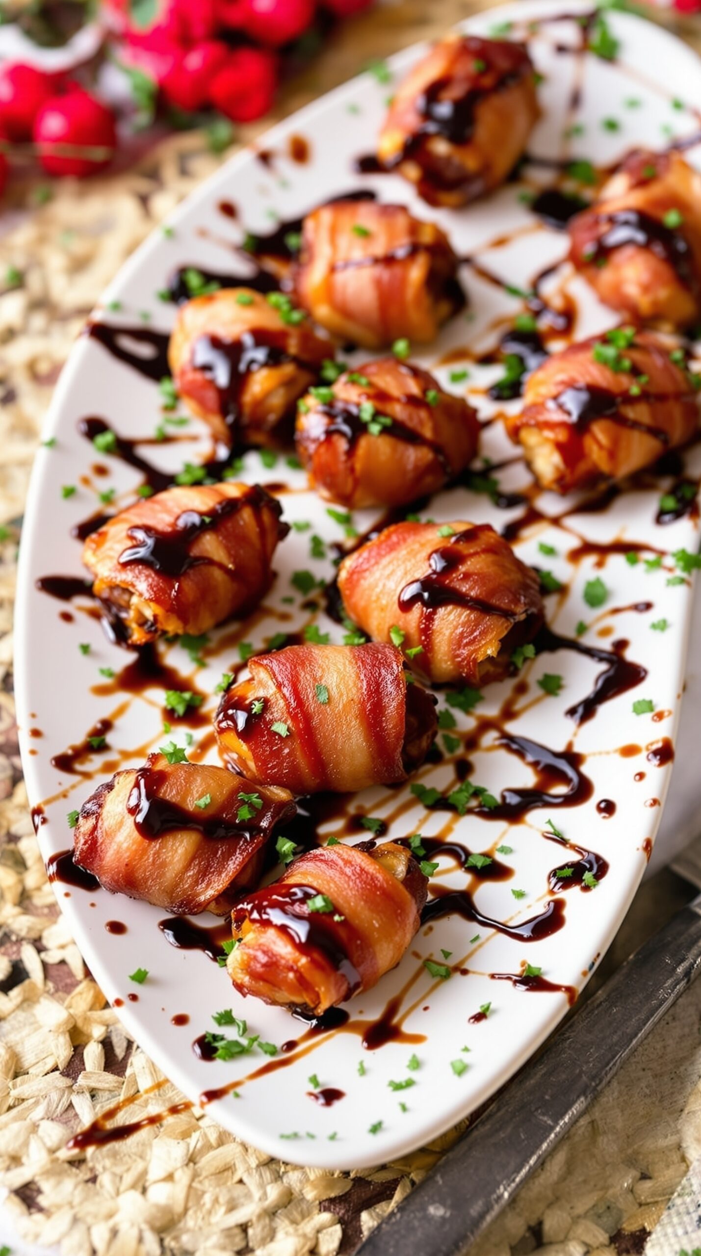 A platter of crispy bacon-wrapped dates drizzled with balsamic glaze and garnished with parsley.
