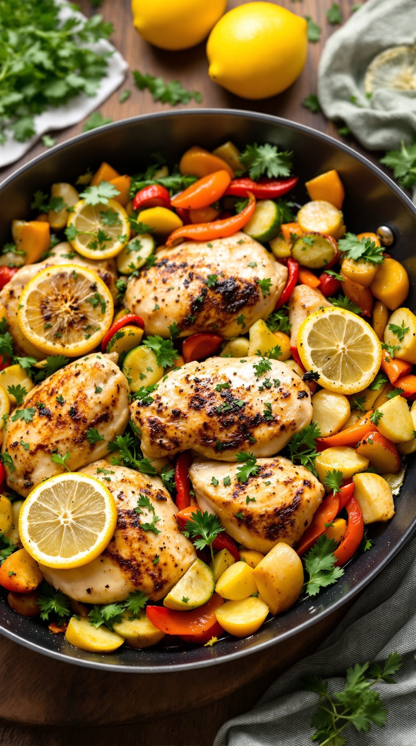 A delicious one-pan lemon garlic chicken dish with colorful vegetables and lemon slices.