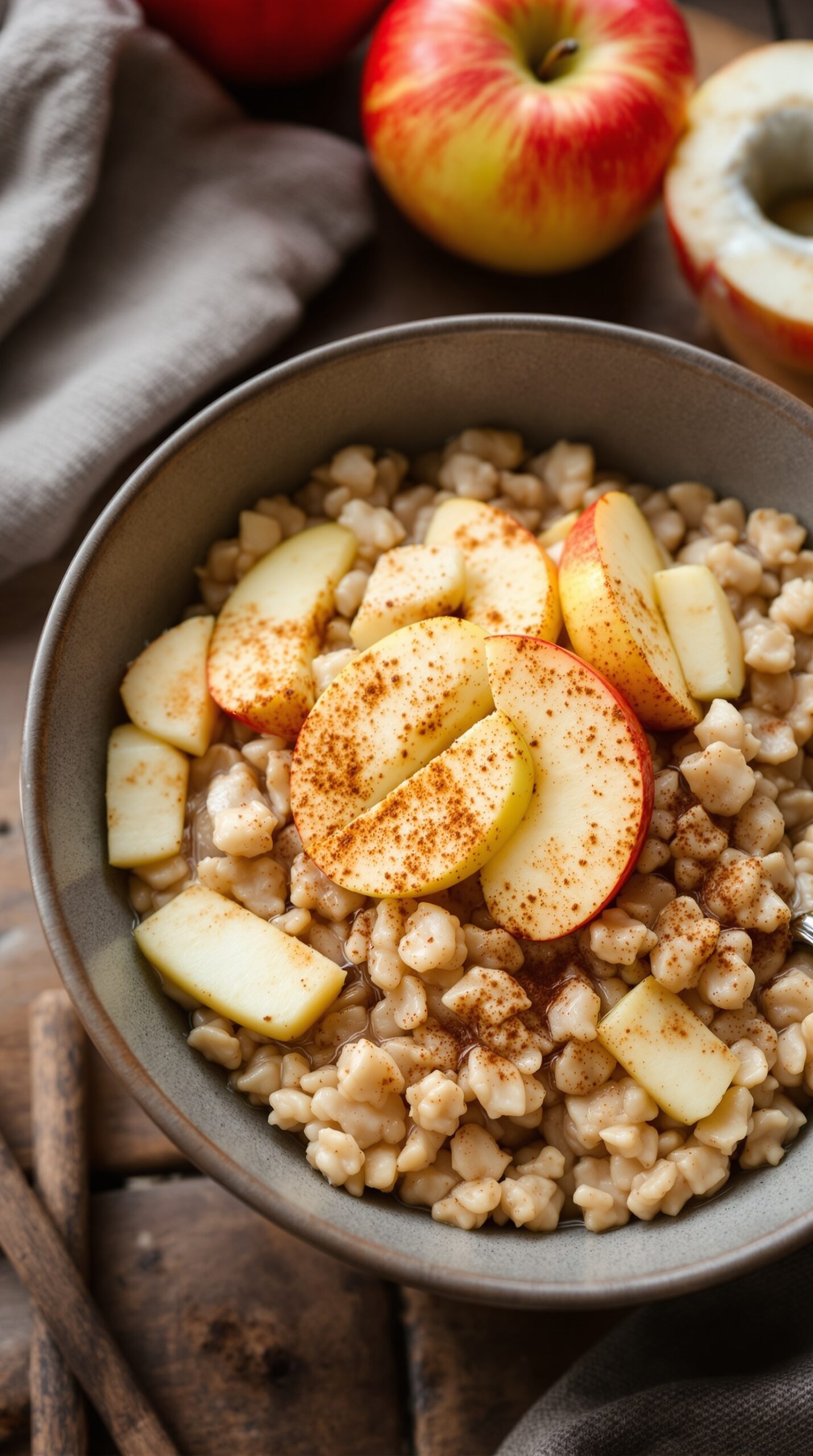 A bowl of apple cinnamon oatmeal topped with fresh apple slices and cinnamon, with red apples in the background.