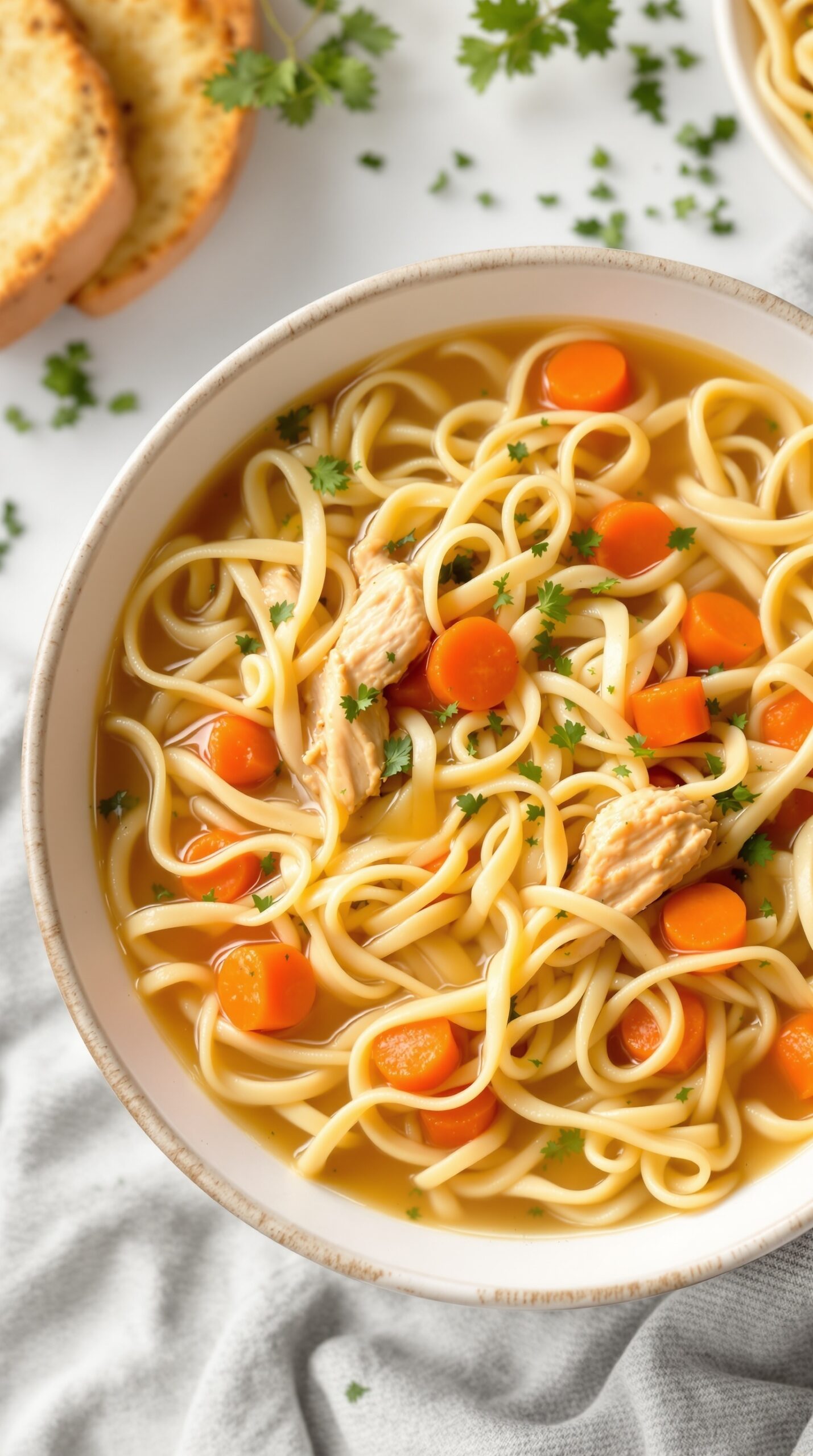 A bowl of classic chicken noodle soup with carrots, chicken, and noodles, garnished with parsley.