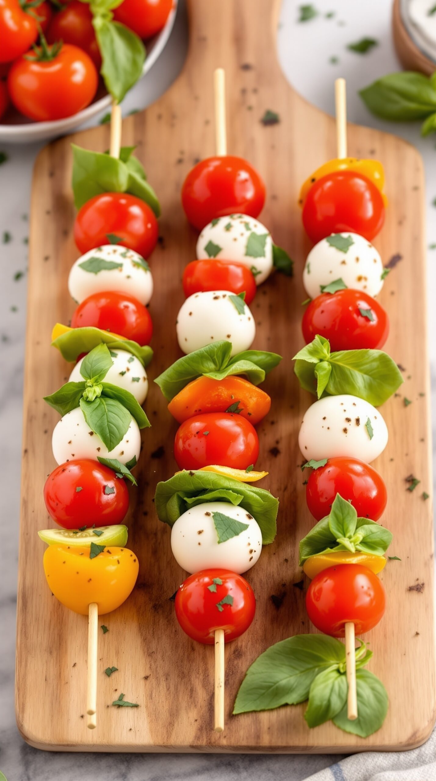 Mini Caprese skewers with cherry tomatoes, mozzarella balls, and basil on a wooden board.
