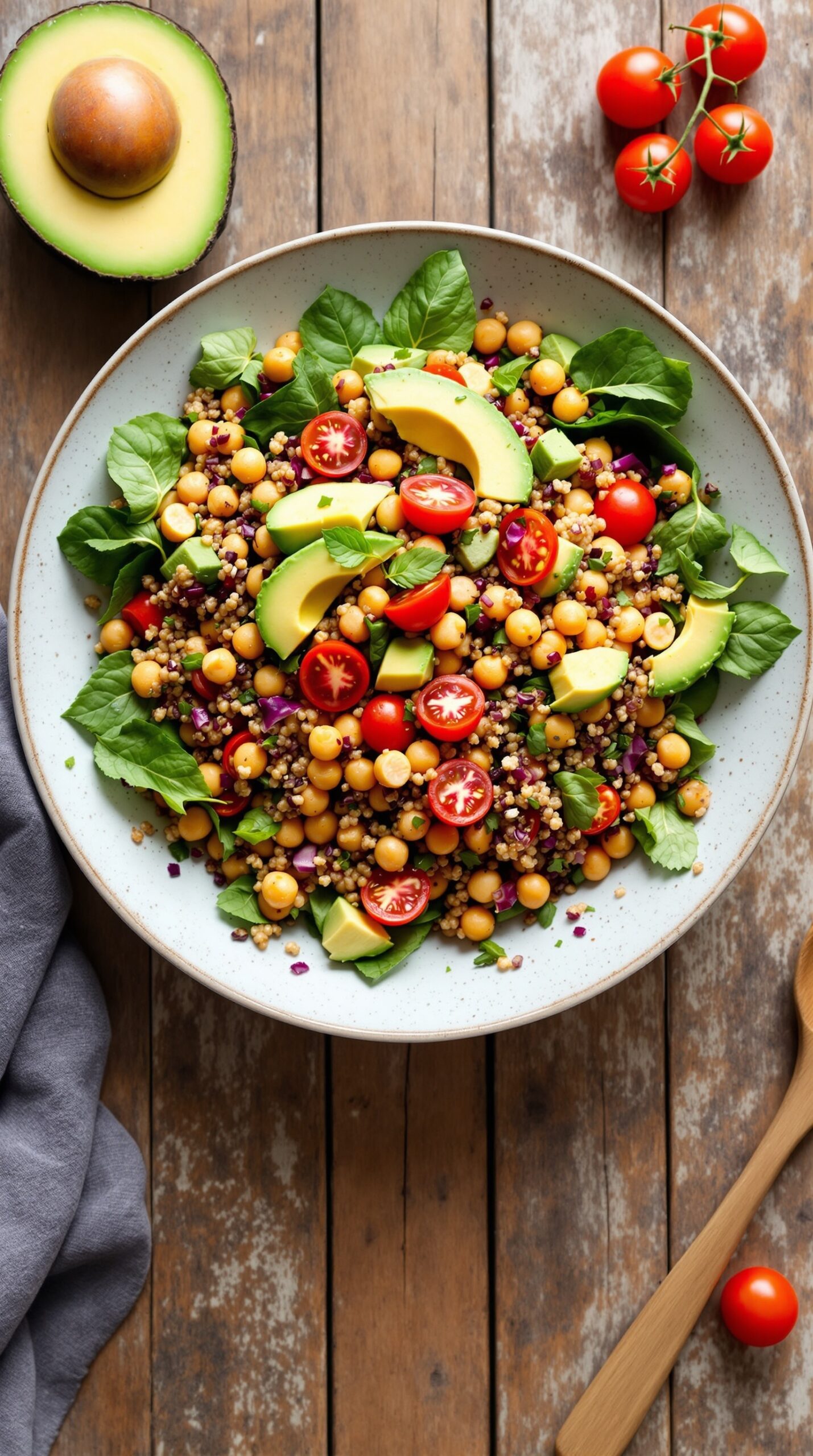 A vibrant quinoa and chickpea salad with cherry tomatoes, avocado, and spinach in a bowl.