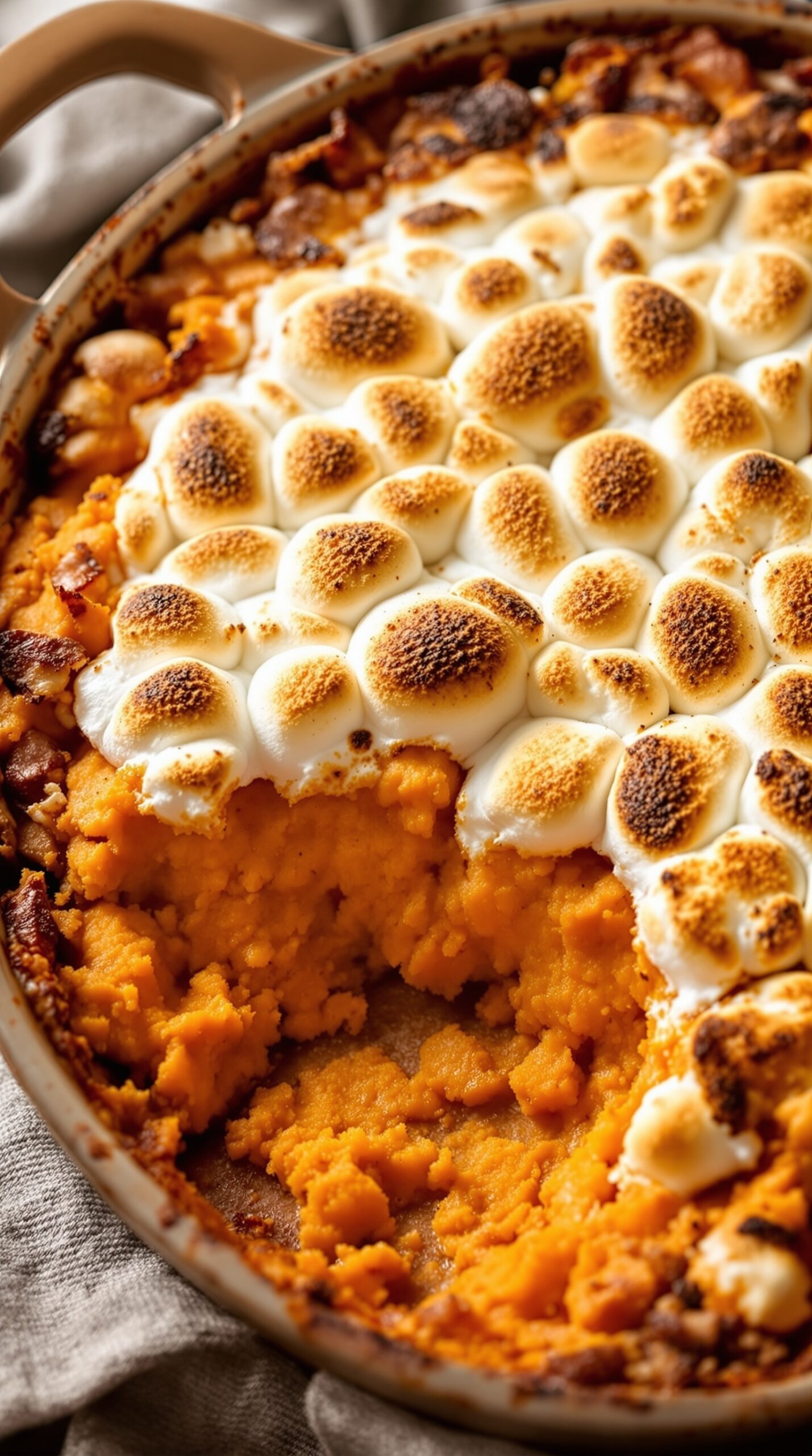 A delicious sweet potato casserole topped with toasted marshmallows, showcasing a golden-brown crust and creamy orange filling.