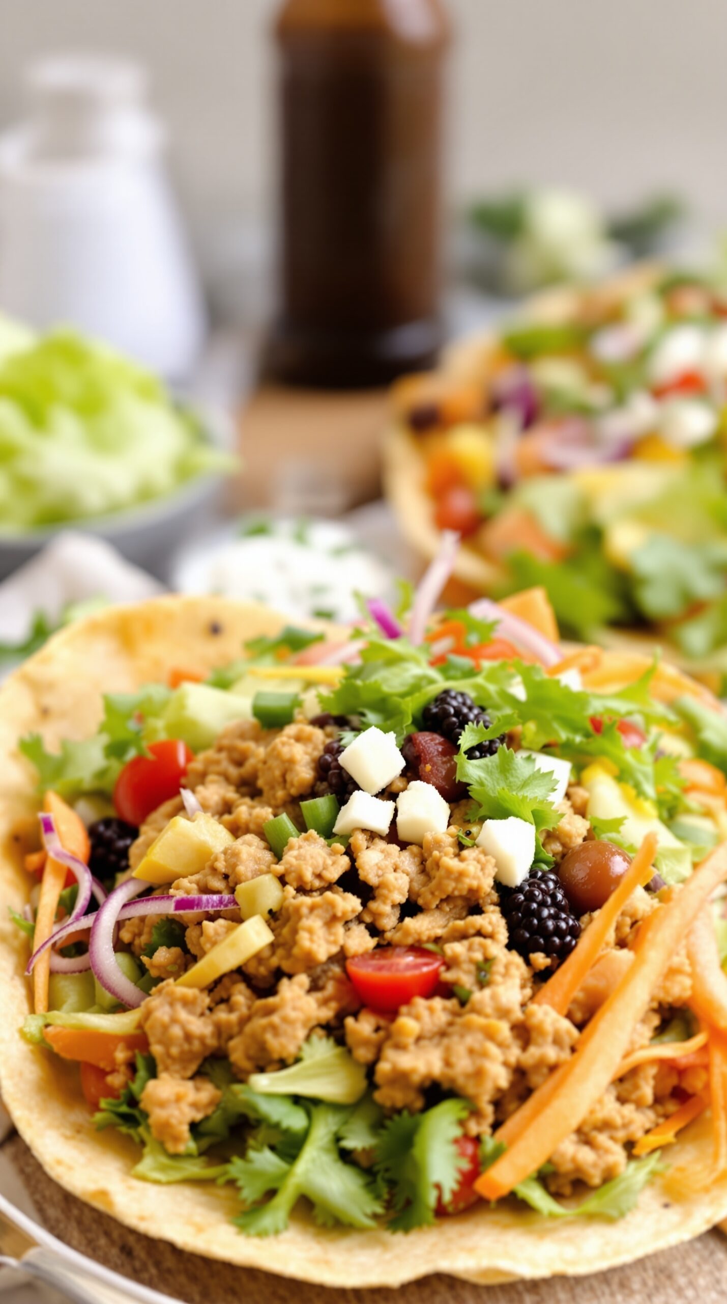A colorful taco salad with ground turkey, fresh vegetables, and toppings in a crispy tortilla bowl.