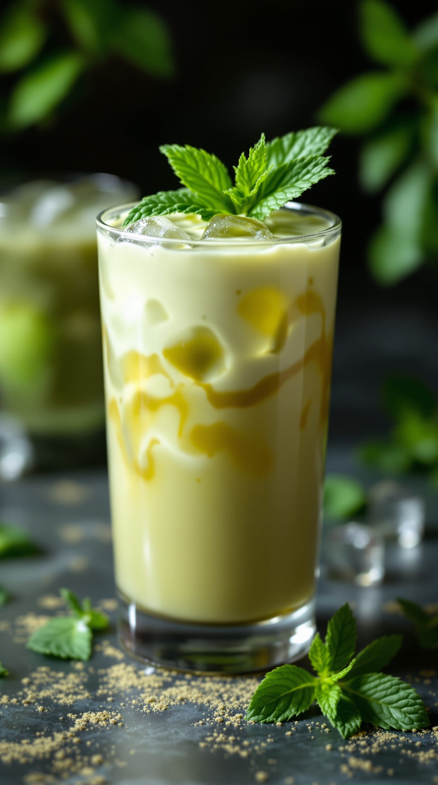 A refreshing Matcha Mint Iced Latte garnished with mint leaves, served in a glass.