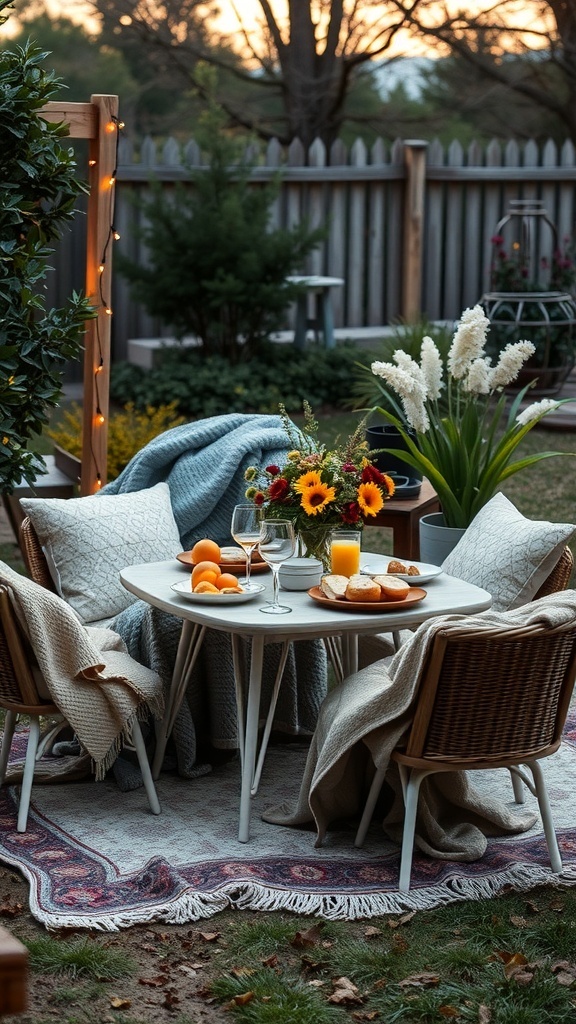 A cozy outdoor brunch setup with a table, blankets, flowers, and fresh fruit.