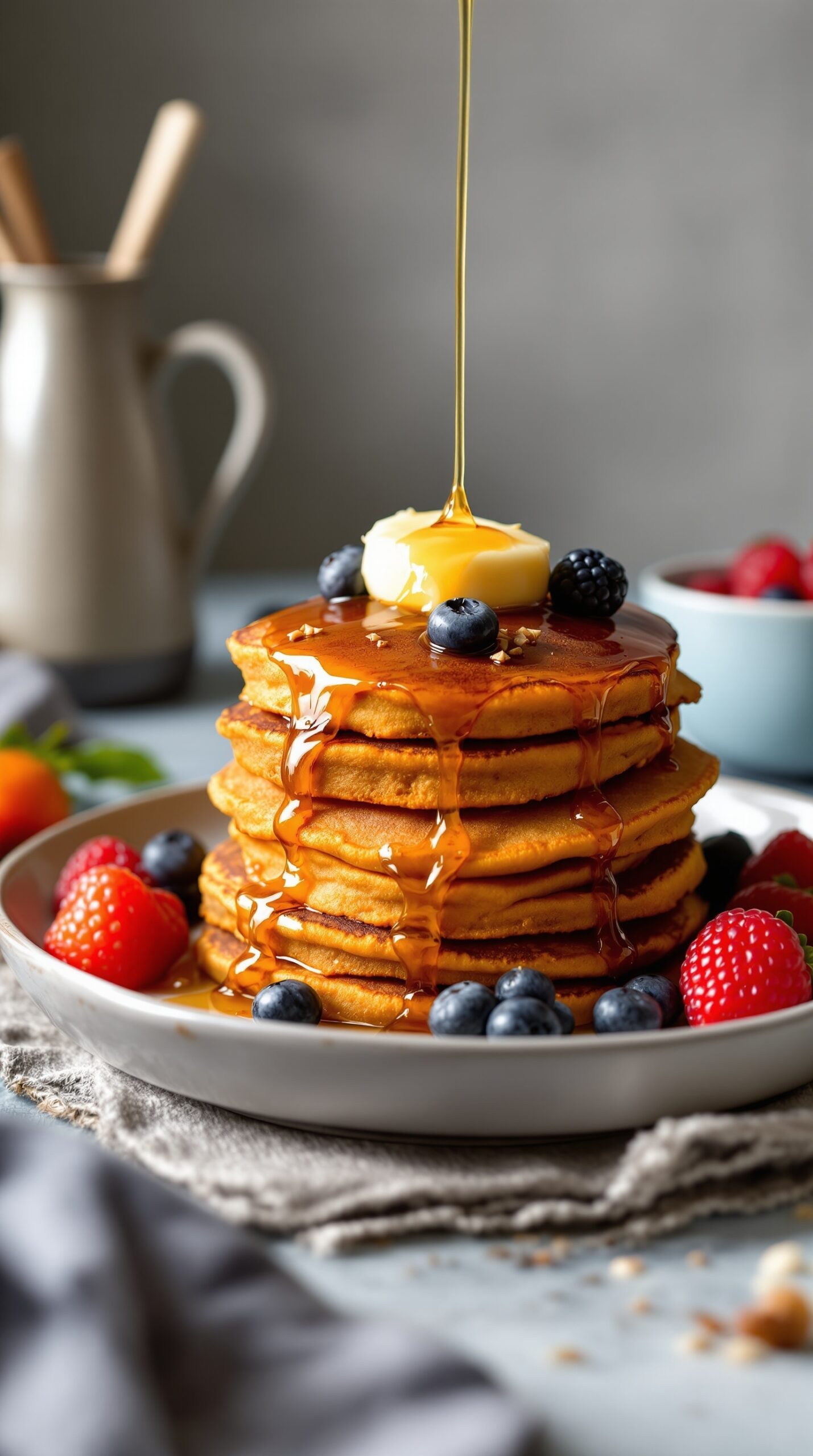 A stack of sweet potato pancakes topped with butter and maple syrup, surrounded by fresh berries.