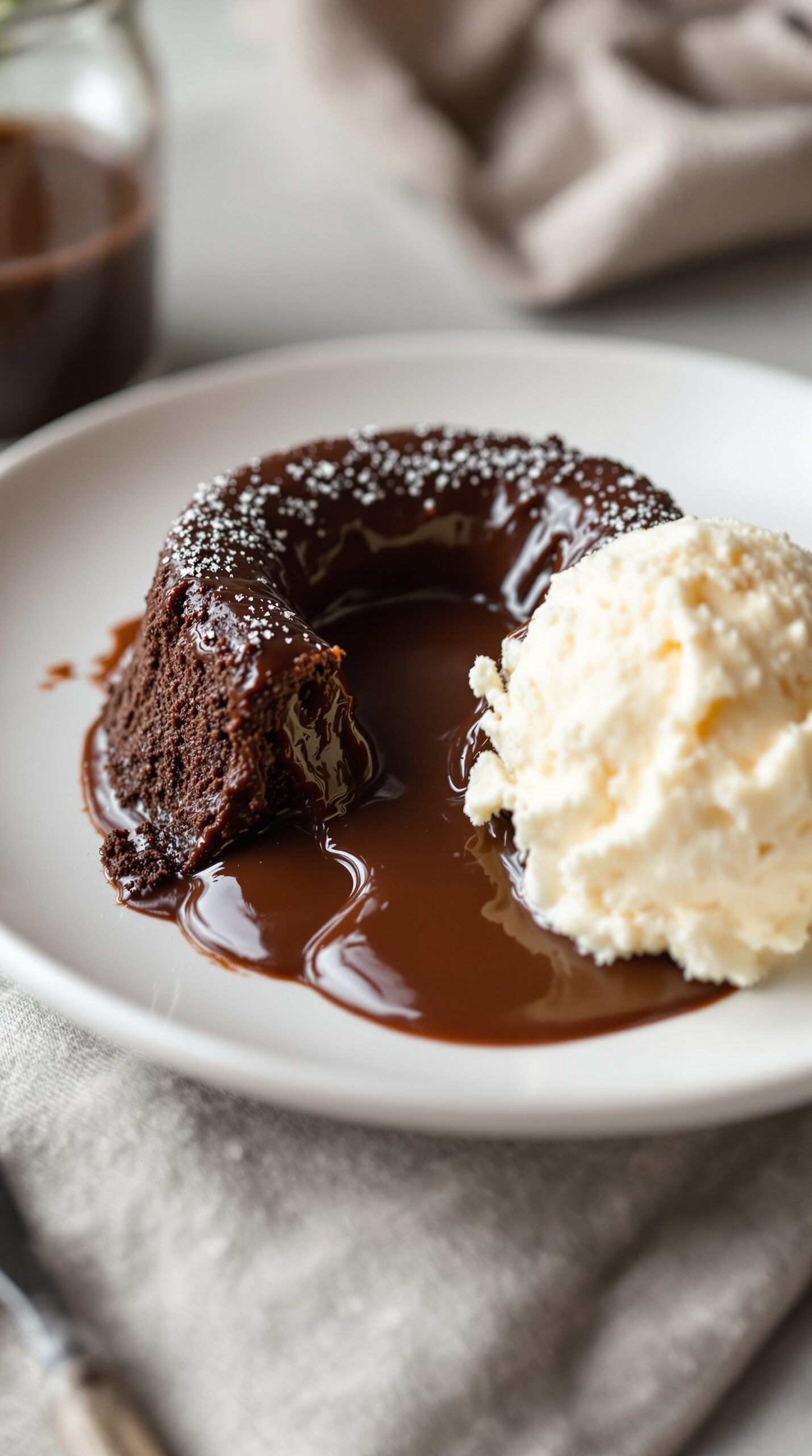 A delicious chocolate lava cake with a scoop of vanilla ice cream, drizzled with chocolate sauce.