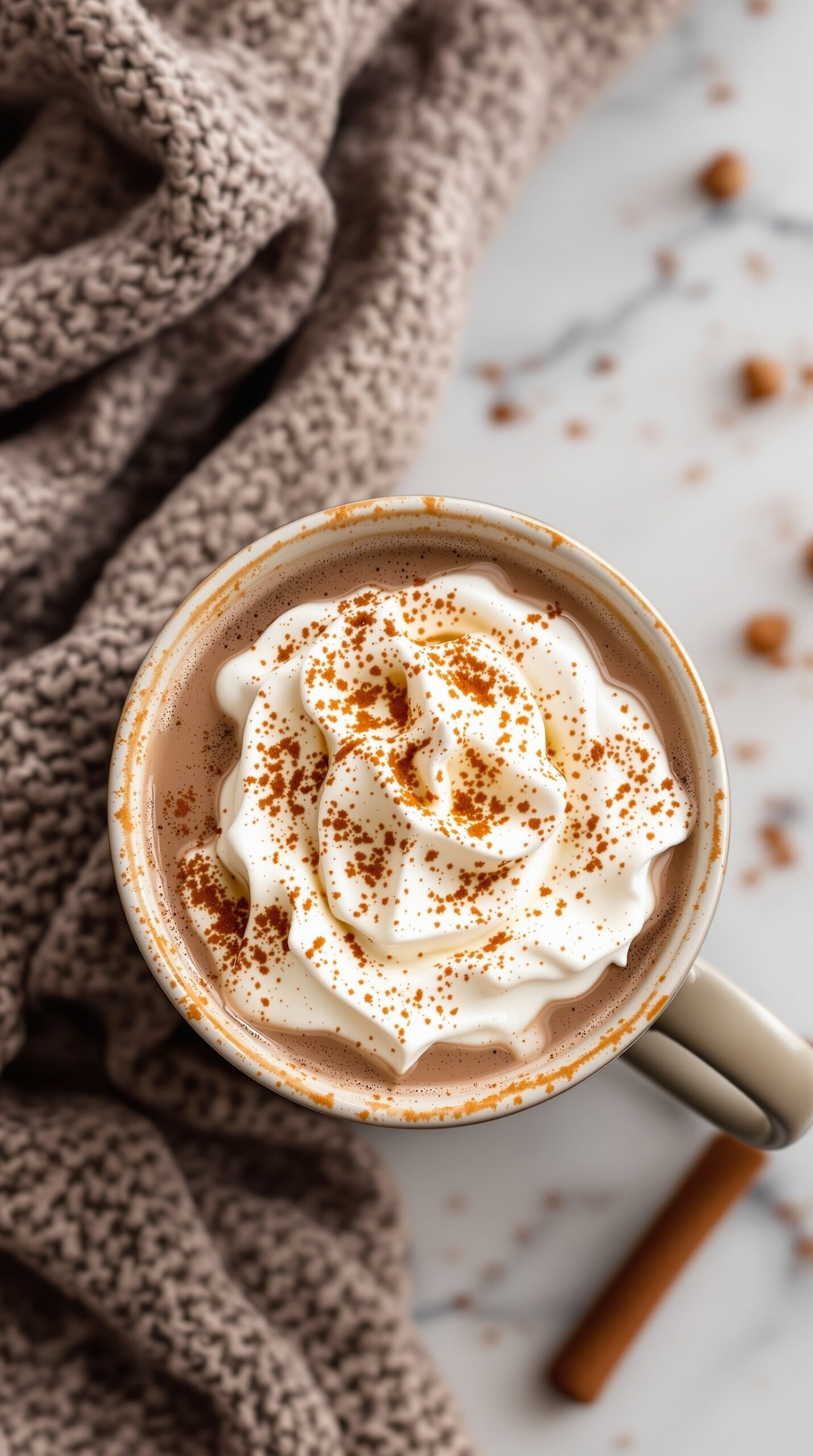 A cozy mug of chai-spiced hot chocolate topped with whipped cream and cinnamon, with a soft blanket in the background.