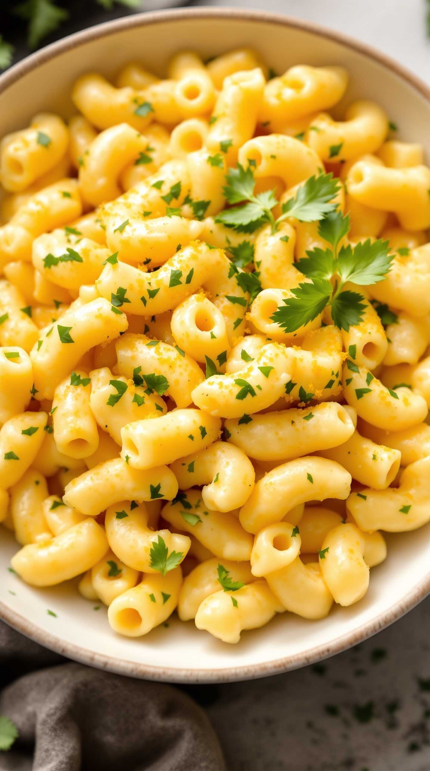 A bowl of creamy vegan mac and cheese topped with parsley.