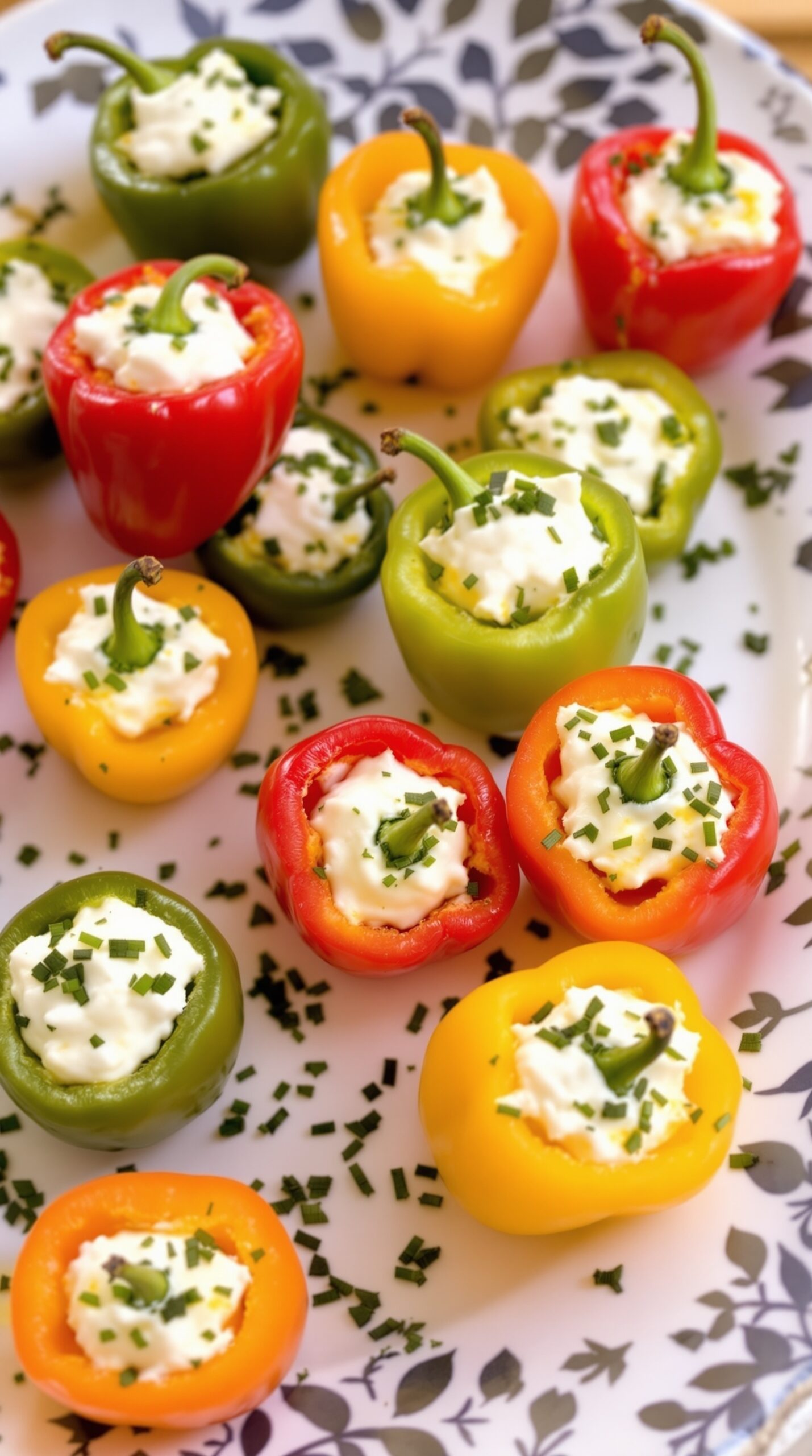 A platter of colorful stuffed mini peppers filled with creamy cheese mixture and garnished with chives.