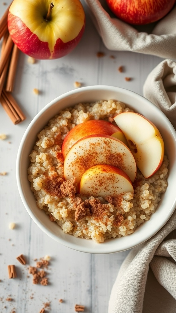 Bowl of cinnamon apple quinoa porridge topped with apple slices and cinnamon sticks