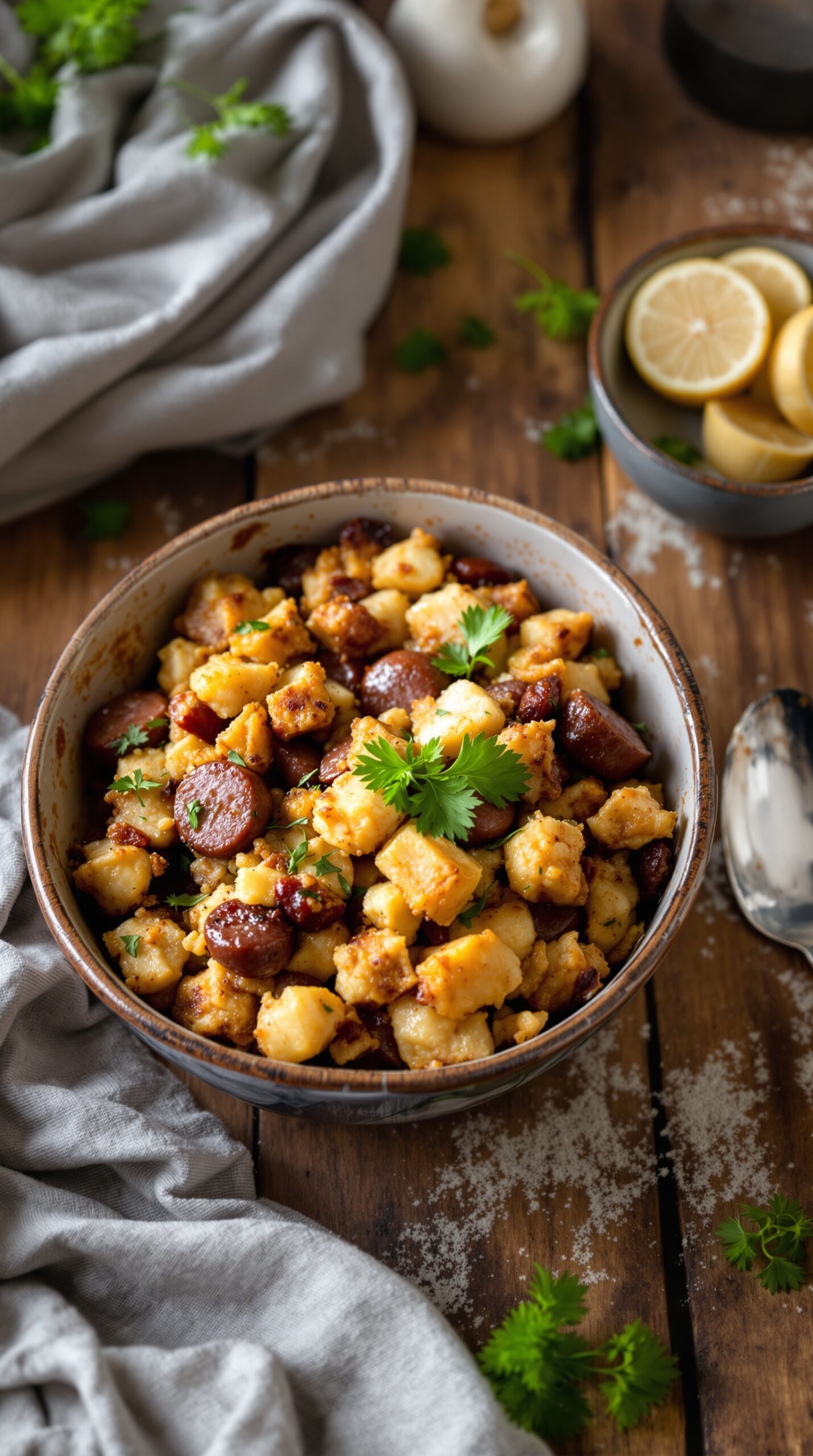 A bowl of savory herb and sausage stuffing, garnished with fresh parsley, on a wooden table.