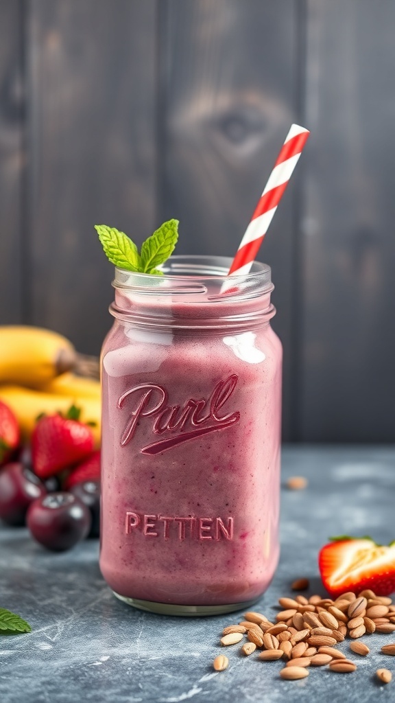 A protein-packed smoothie in a mason jar with a mint leaf and striped straw, surrounded by fresh fruits and seeds.