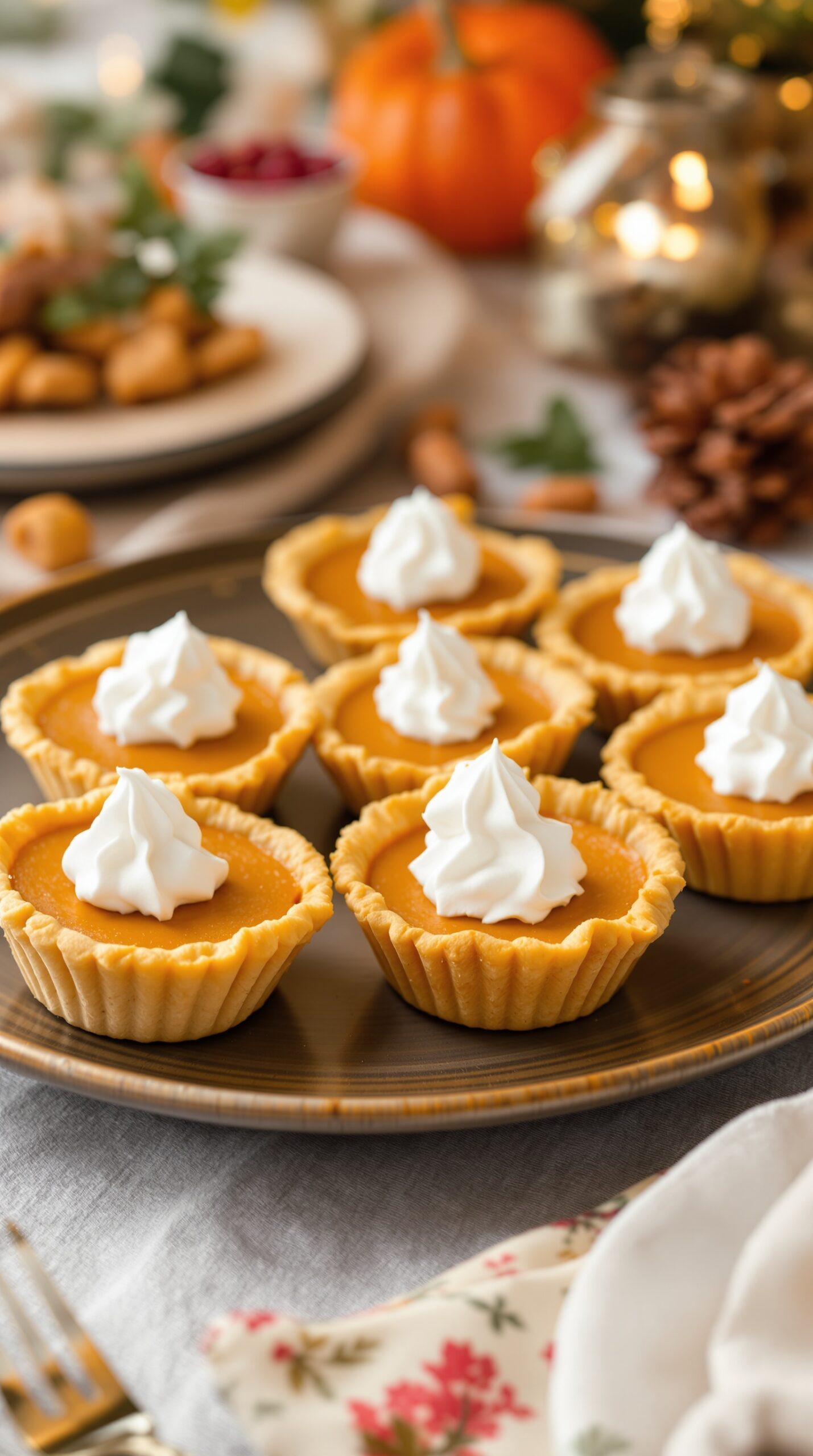 A platter of mini pumpkin pies topped with whipped cream.