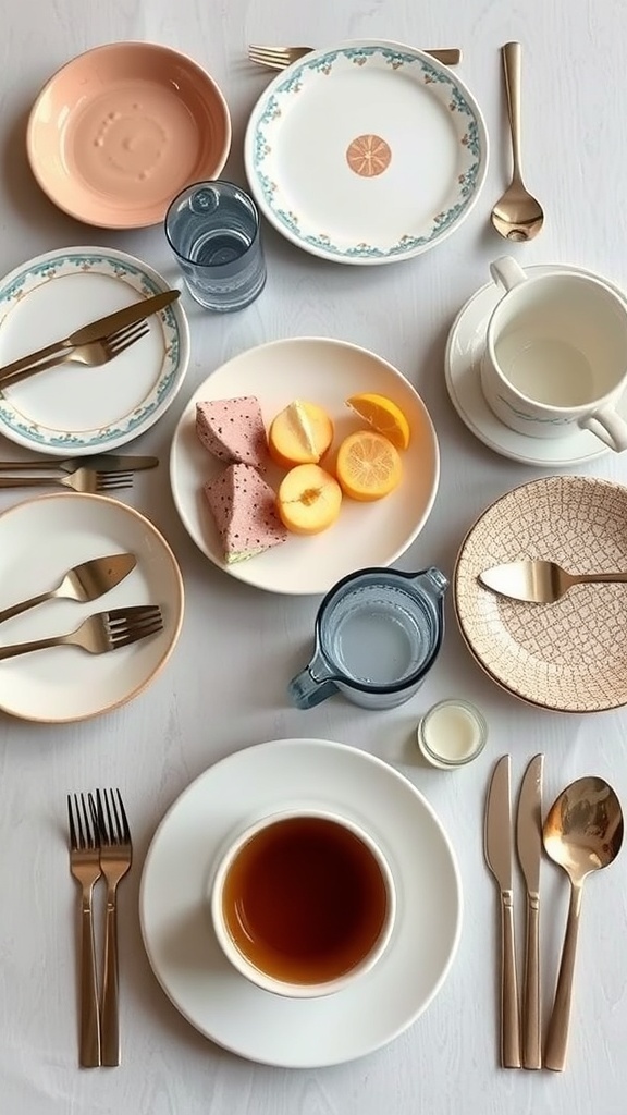 Chic tableware set for brunch with plates, cutlery, and fresh fruits.