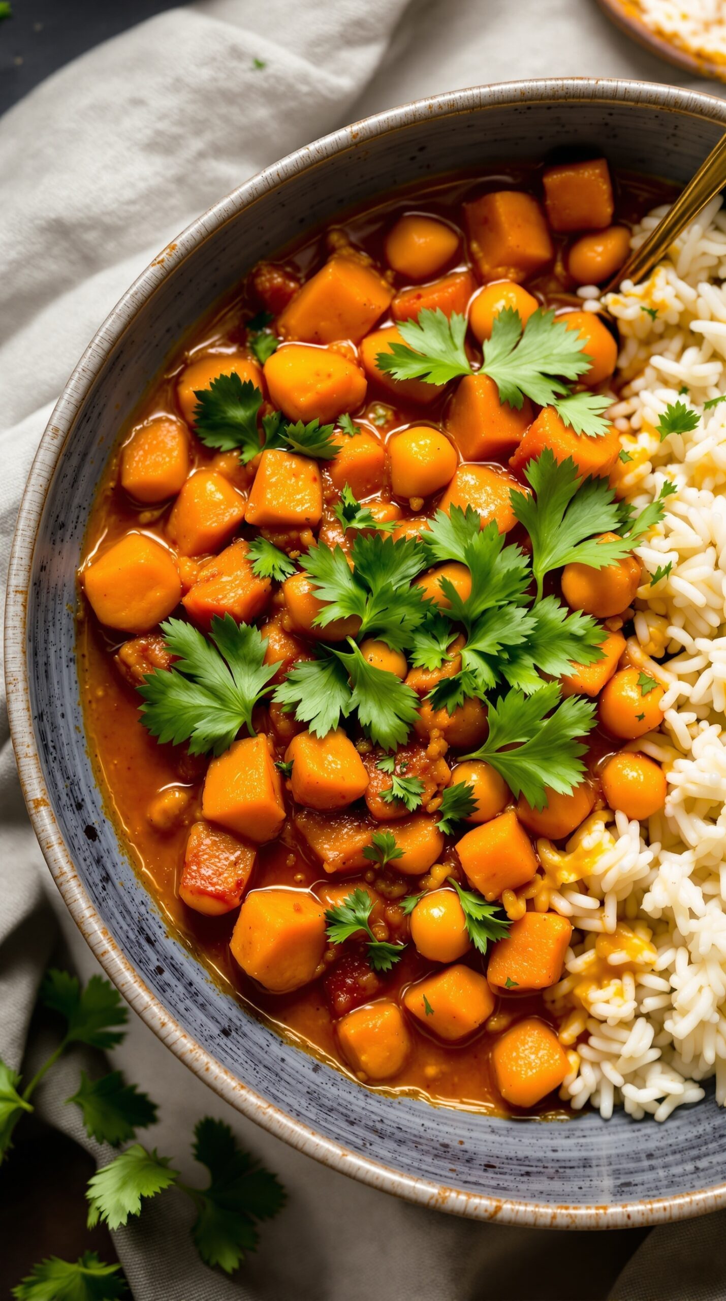 A bowl of spicy sweet potato and chickpea curry with rice and cilantro on top.