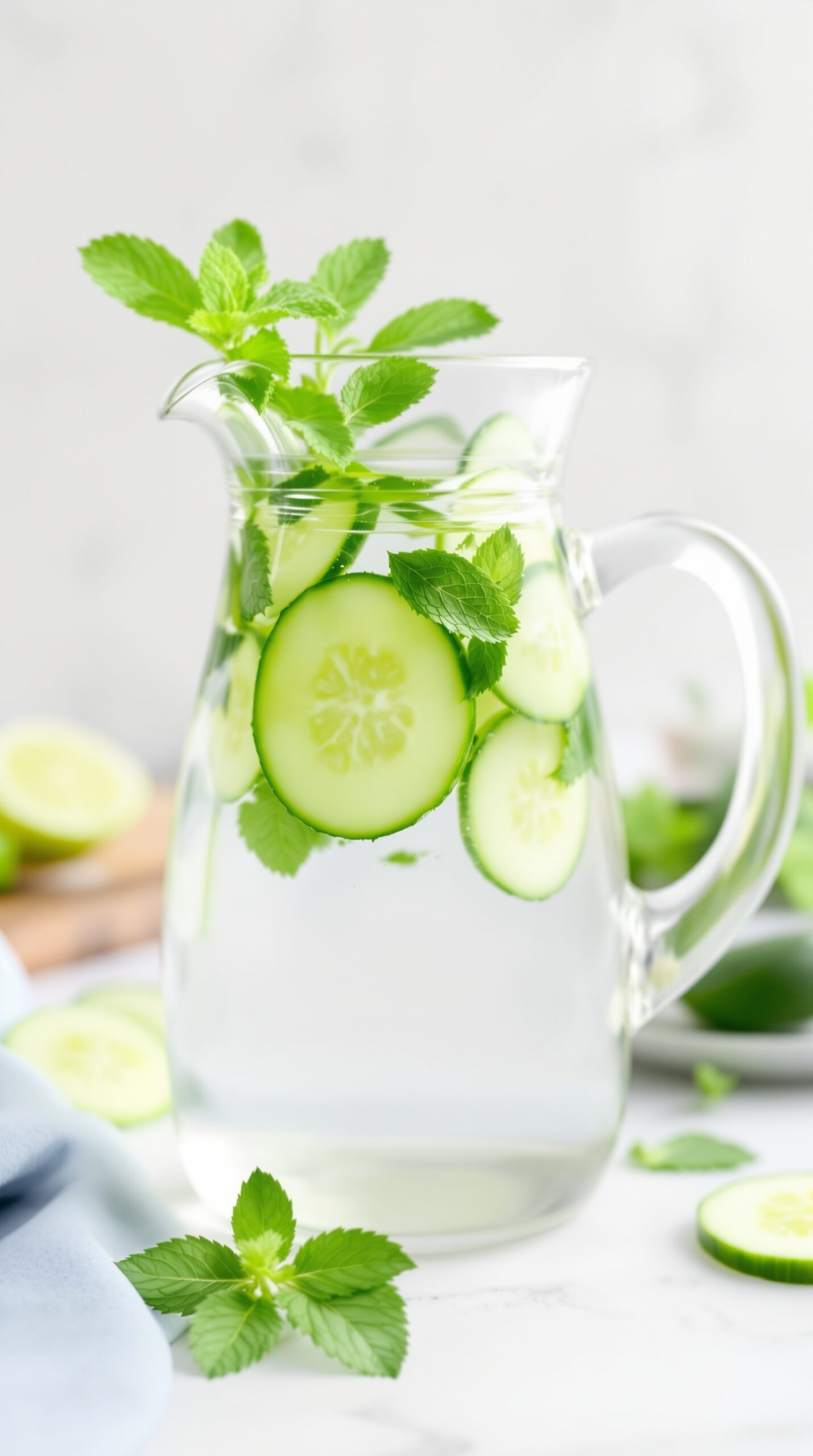 A pitcher of cucumber mint detox water with fresh cucumber slices and mint leaves.
