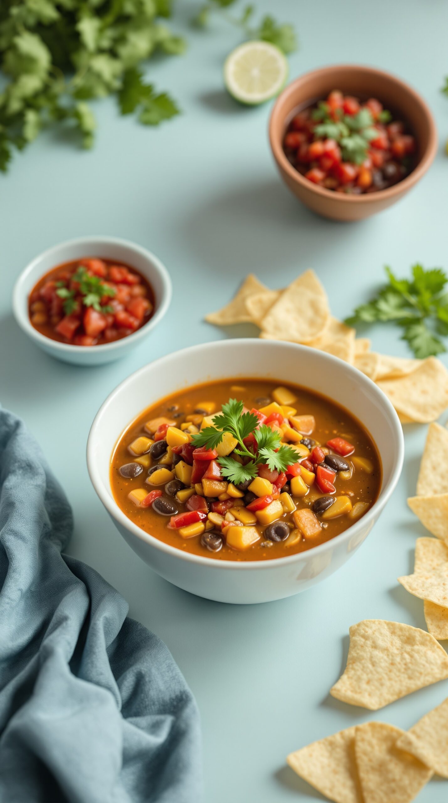 A bowl of taco soup topped with fresh salsa, surrounded by tortilla chips and cilantro.