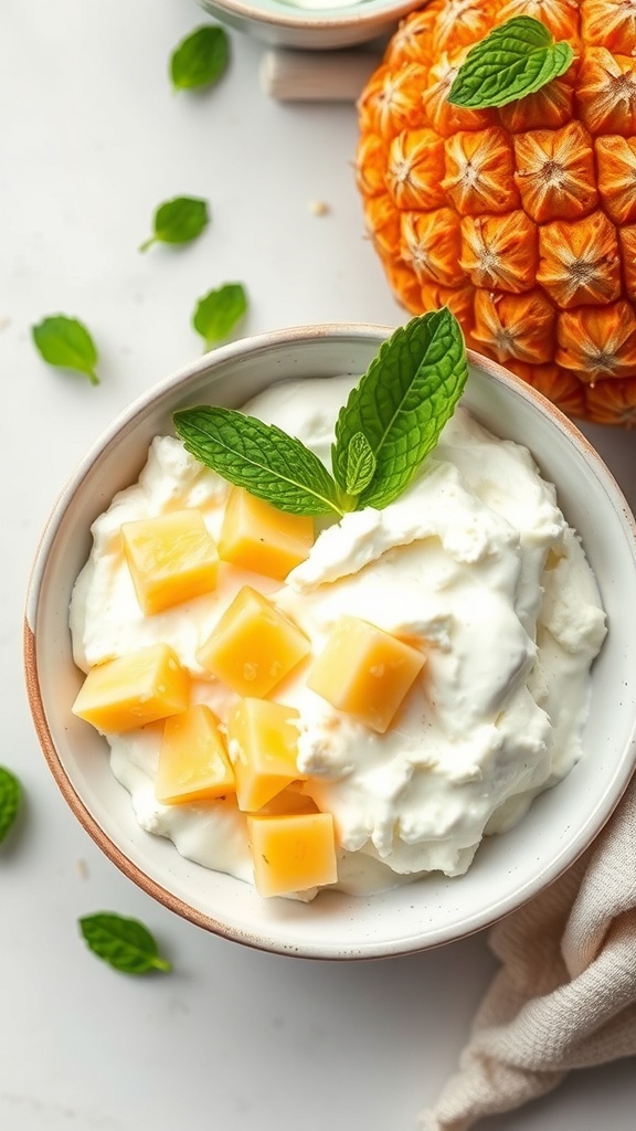 A bowl of cottage cheese topped with pineapple chunks and mint leaves, next to a whole pineapple.