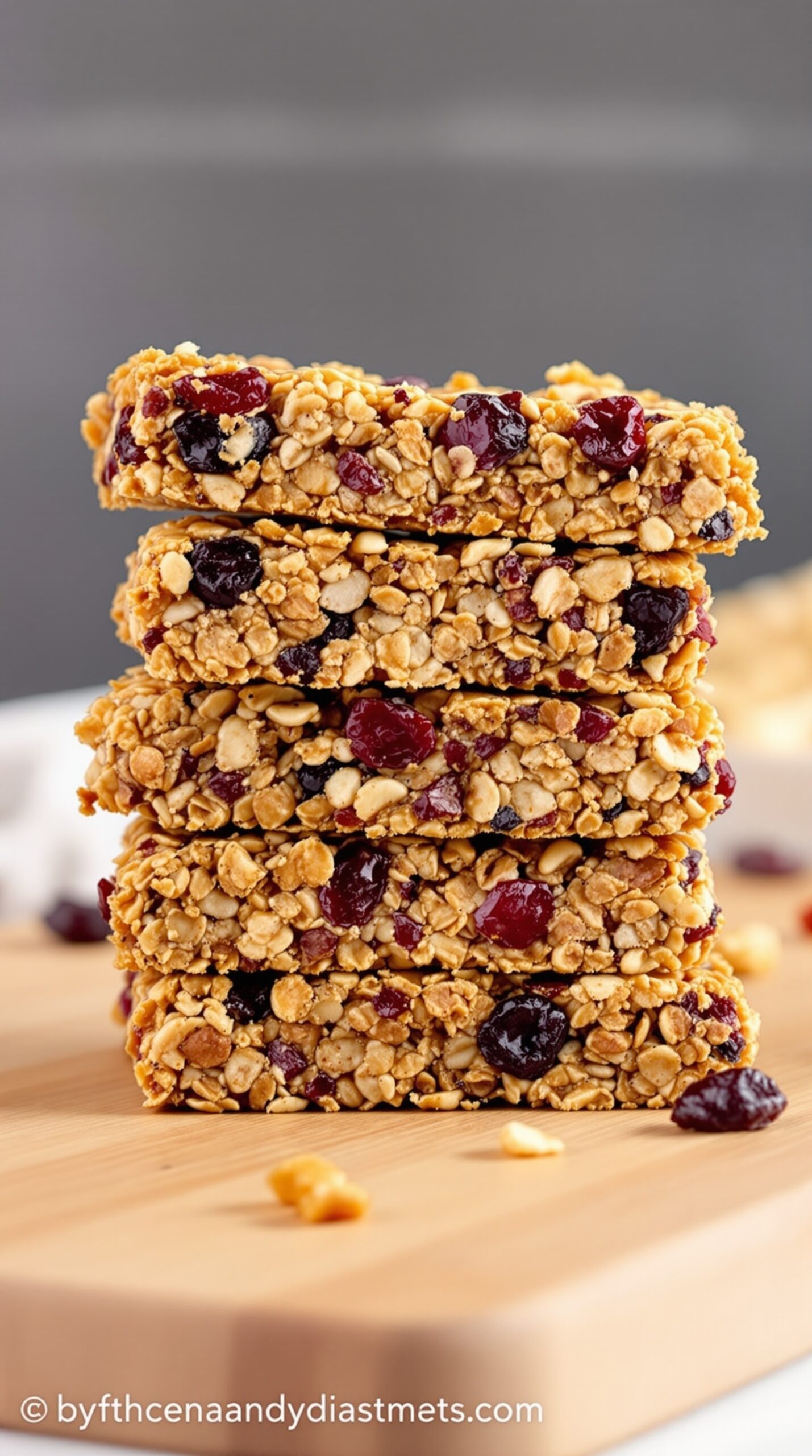 A stack of homemade granola bars made with oats and dried fruits.