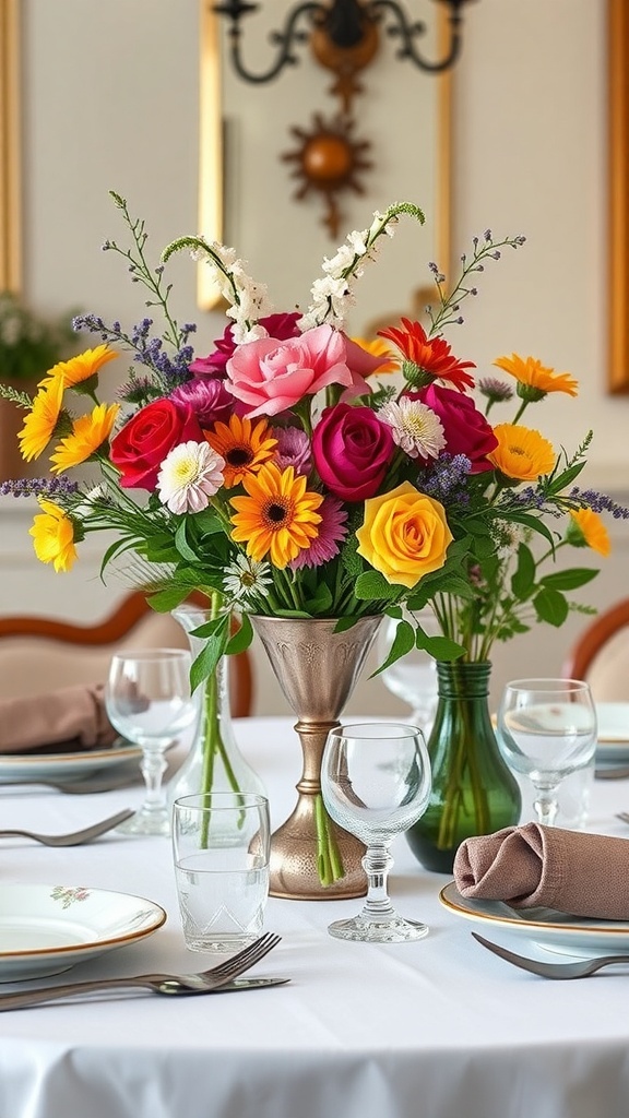 A beautifully arranged floral centerpiece with colorful flowers on a brunch table setting.