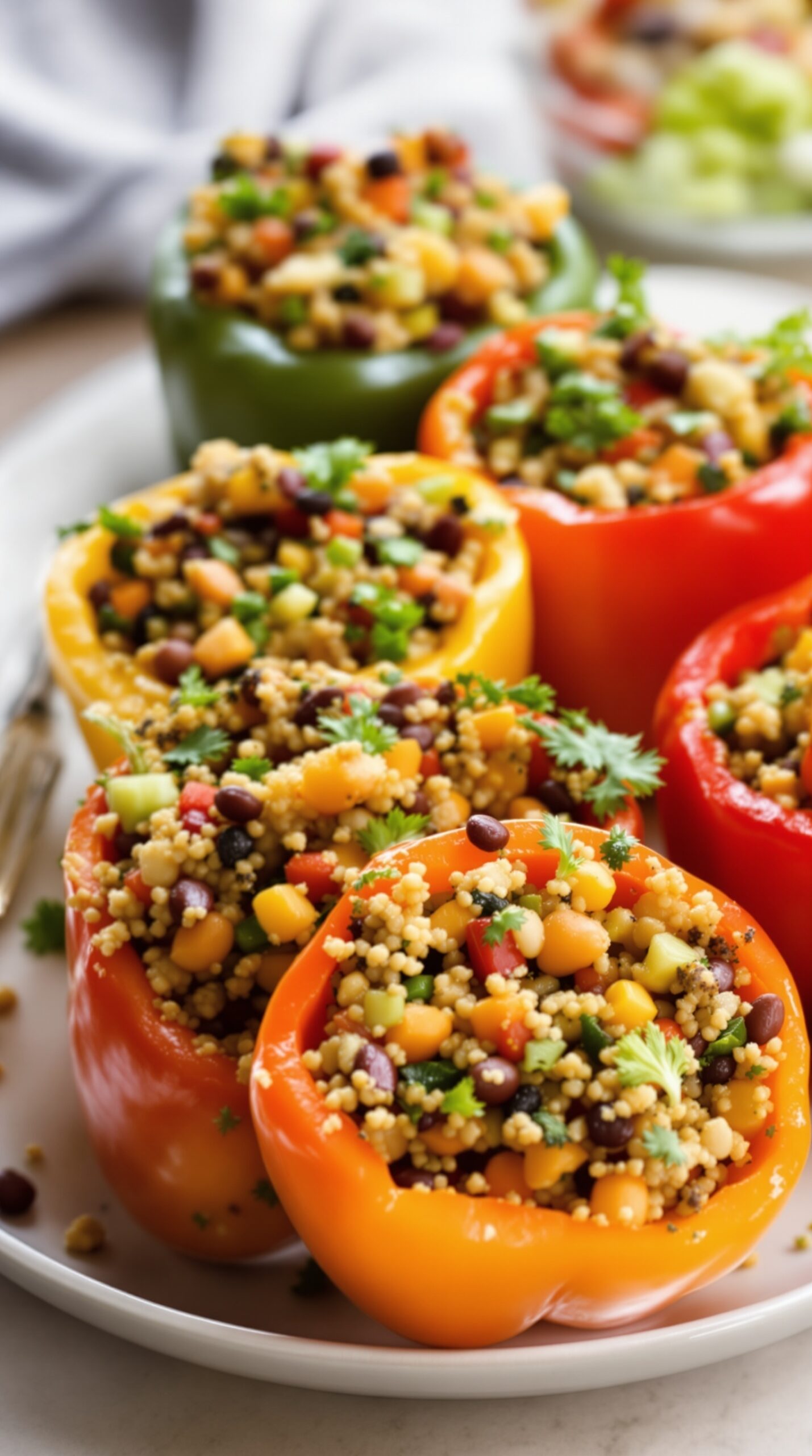 Colorful stuffed bell peppers filled with quinoa and vegetables.