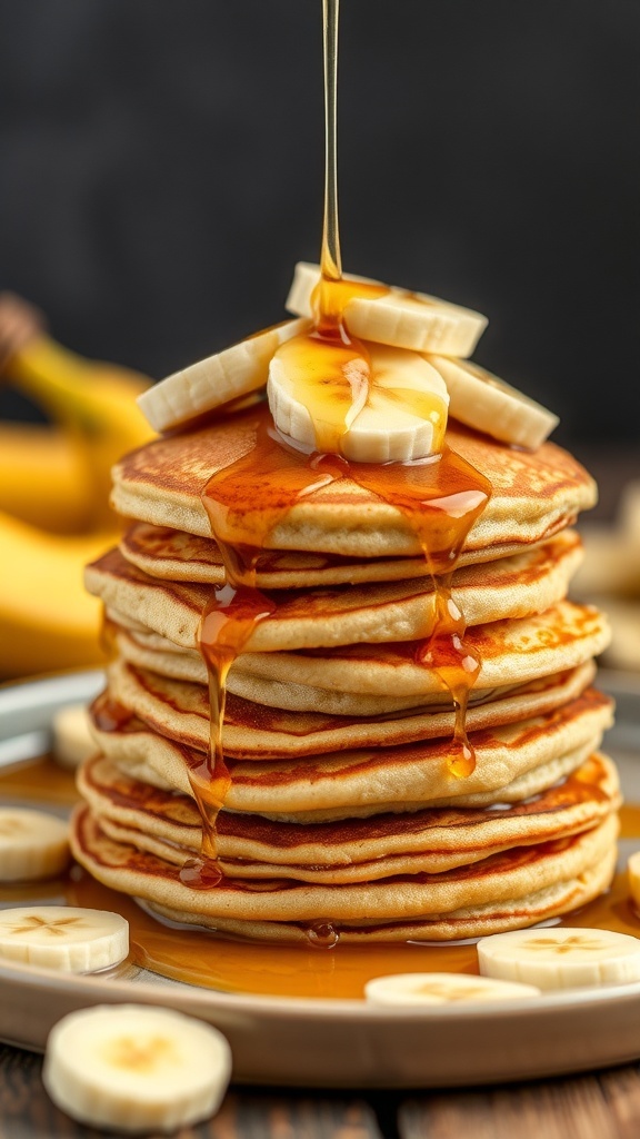 A stack of almond flour pancakes topped with banana slices and drizzled with maple syrup.