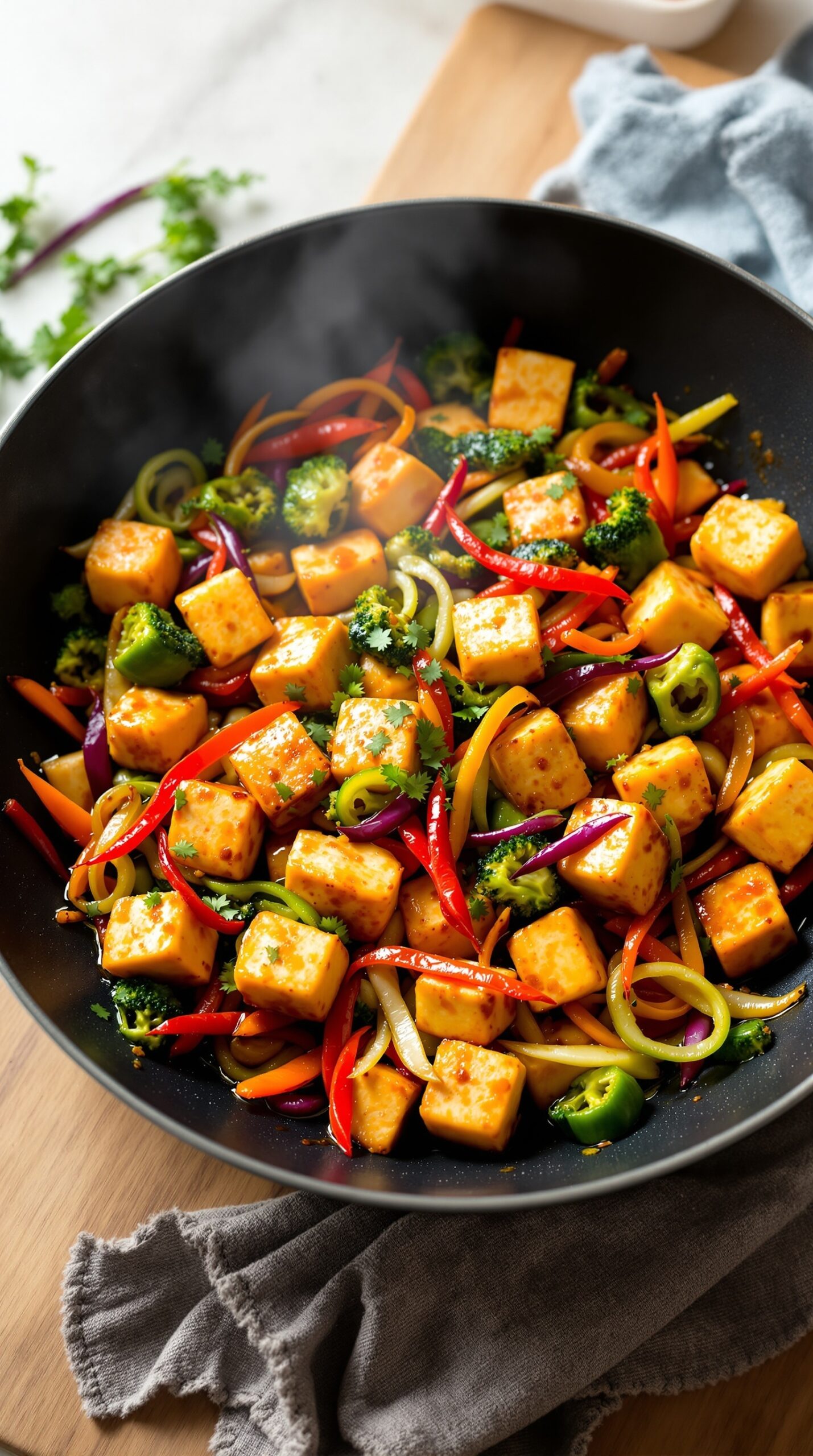 A colorful tofu and vegetable stir-fry in a black wok, featuring cubes of tofu, broccoli, and bell peppers.