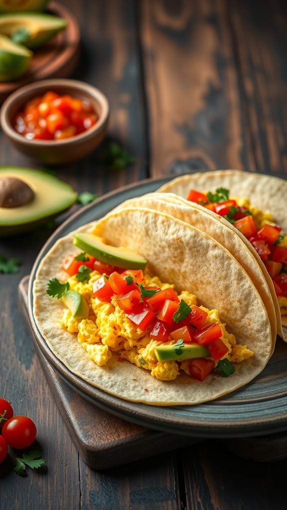 Breakfast tacos with scrambled eggs, diced tomatoes, and avocado on a wooden table.