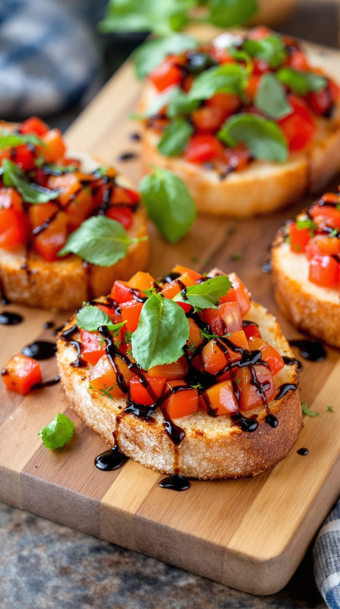 Bruschetta topped with diced tomatoes and basil on toasted bread, drizzled with balsamic reduction.