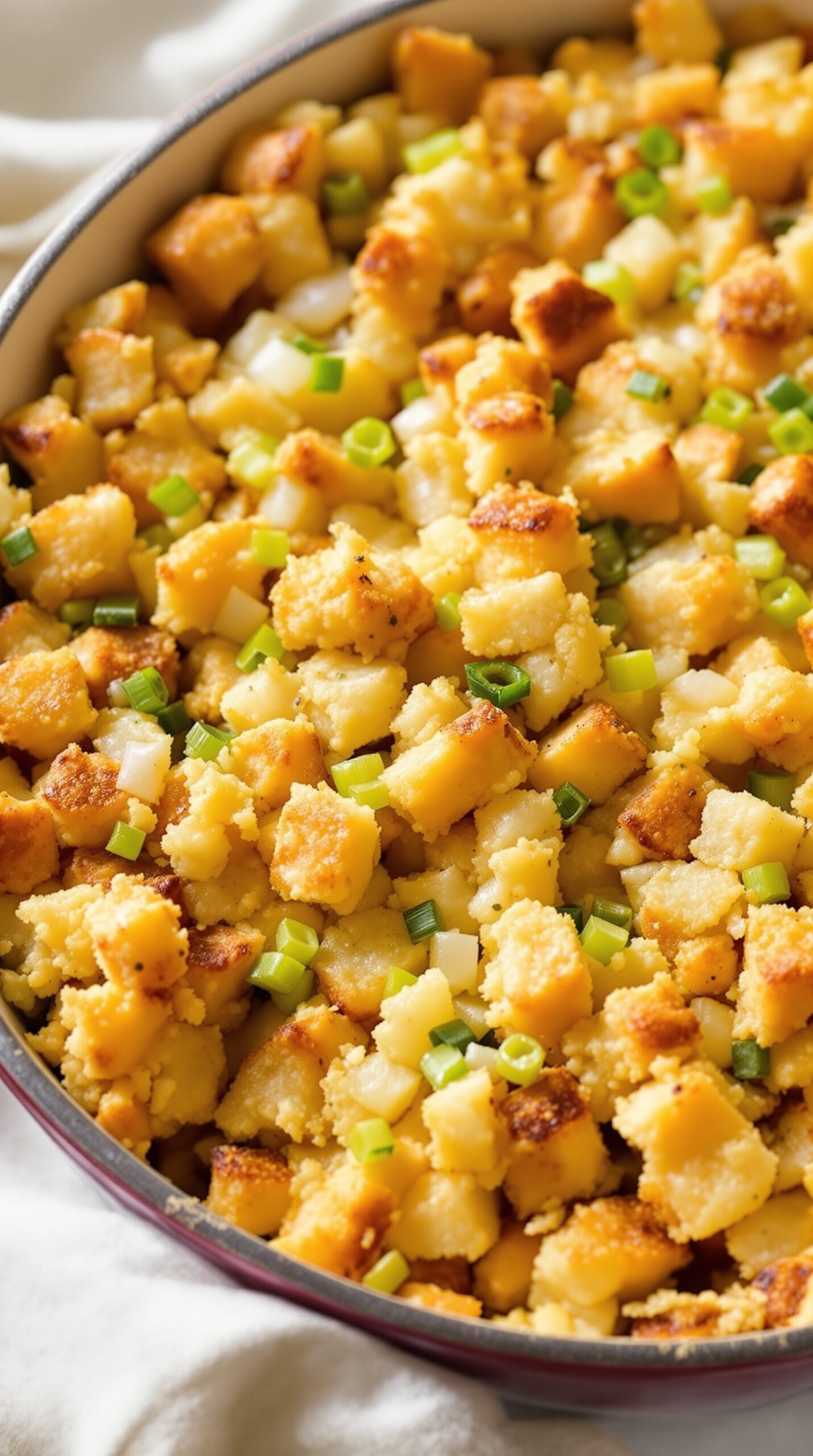 A dish of classic bread stuffing with celery and onions, topped with green onions.