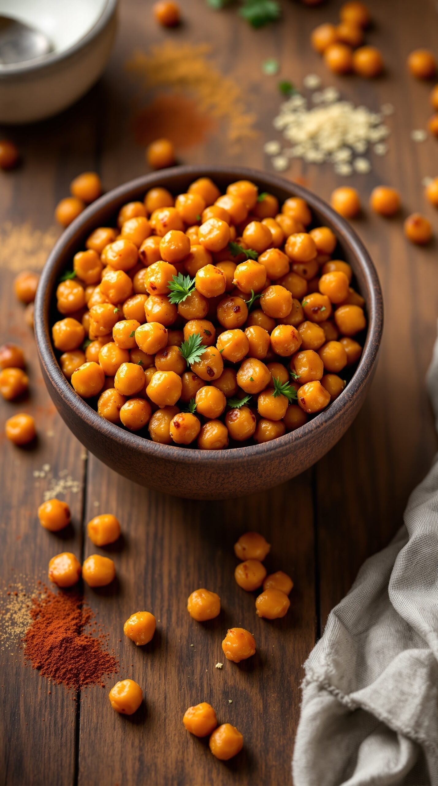 A bowl of spicy roasted chickpeas with spices scattered around.